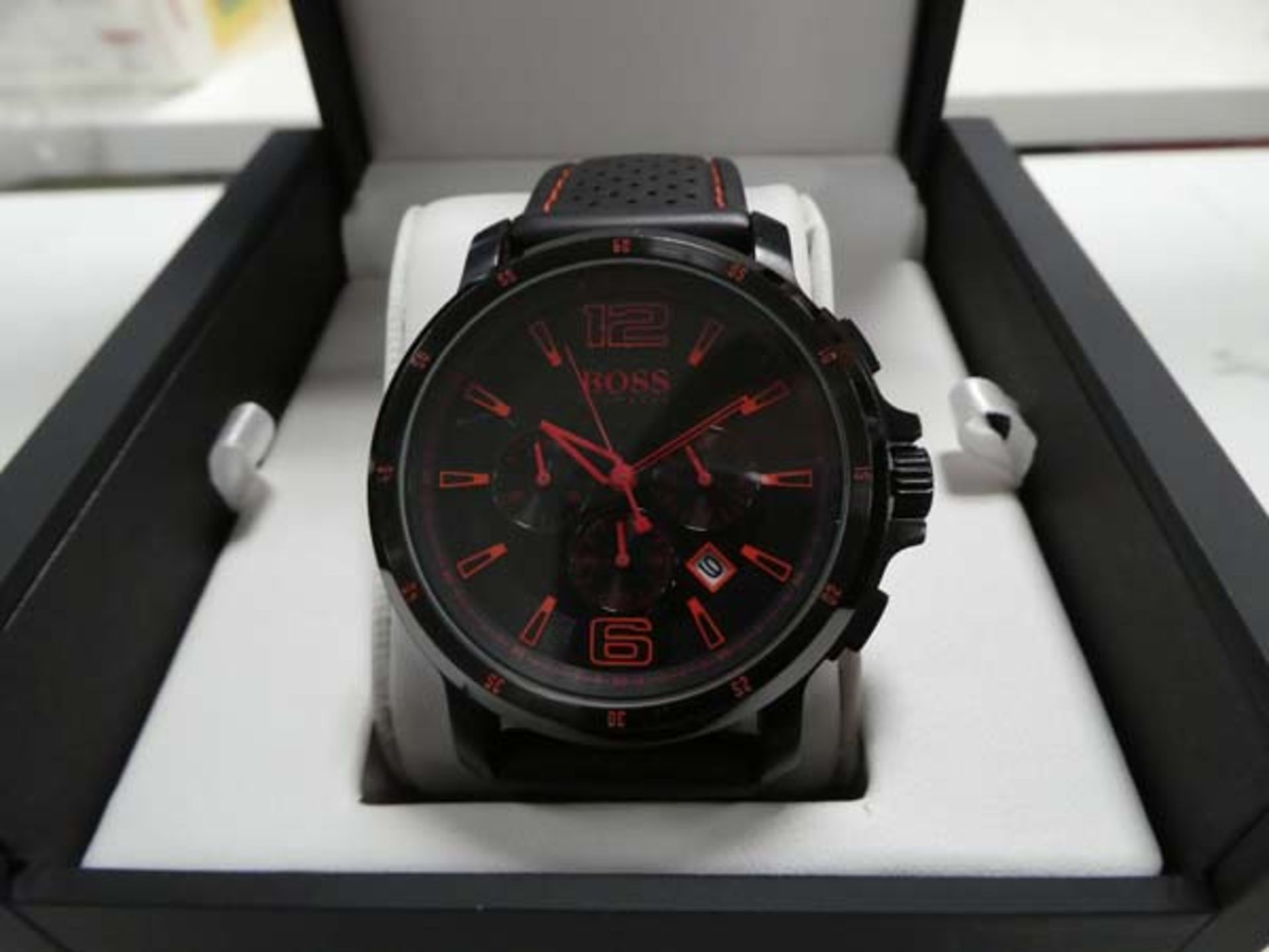 Hugo Boss chronograph and date black and red accent watch with rubberised strap in box - Image 2 of 2