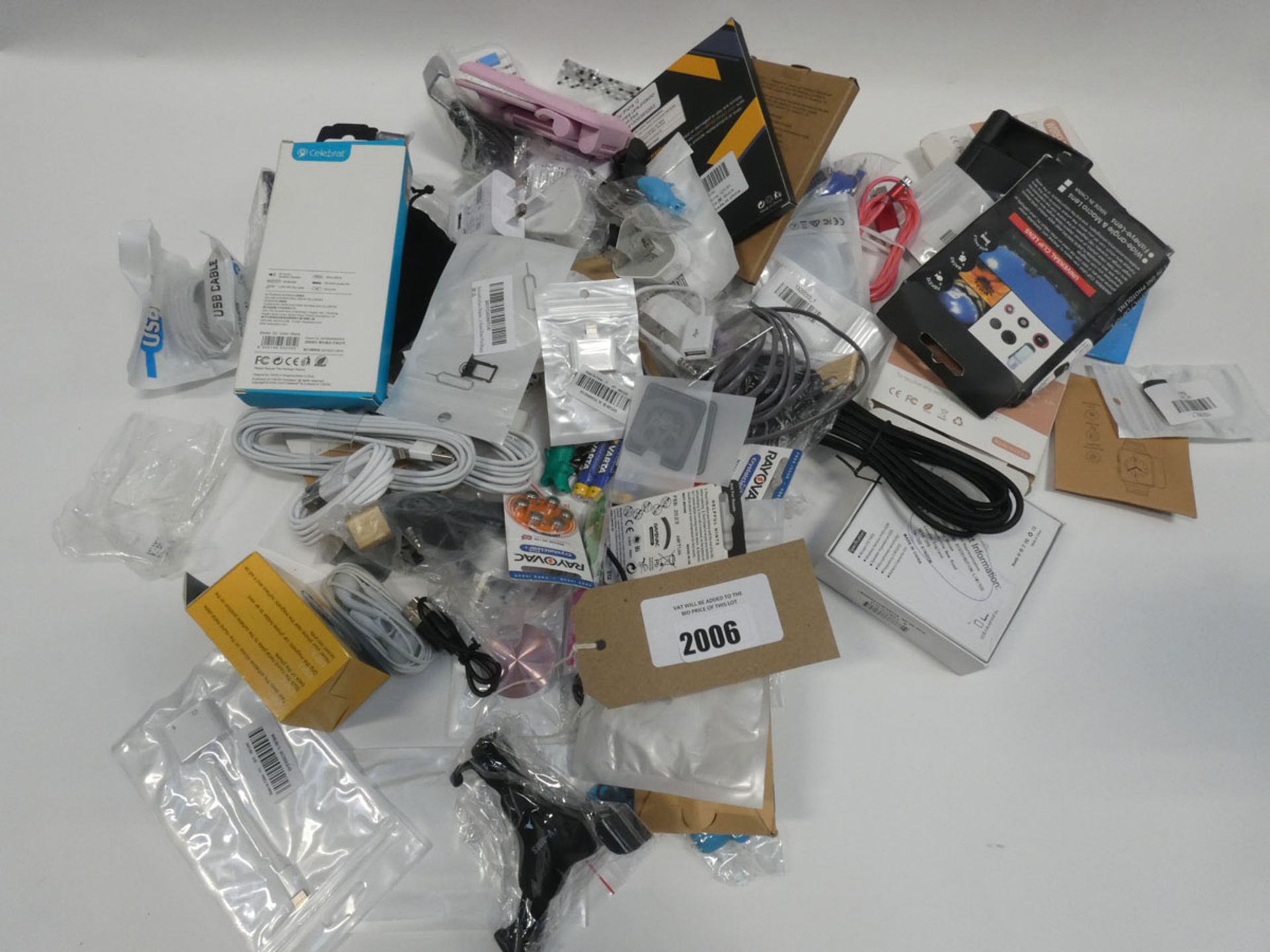 Small bag containing quantity of mobile phone accessories; earphones, adapters, leads, etc