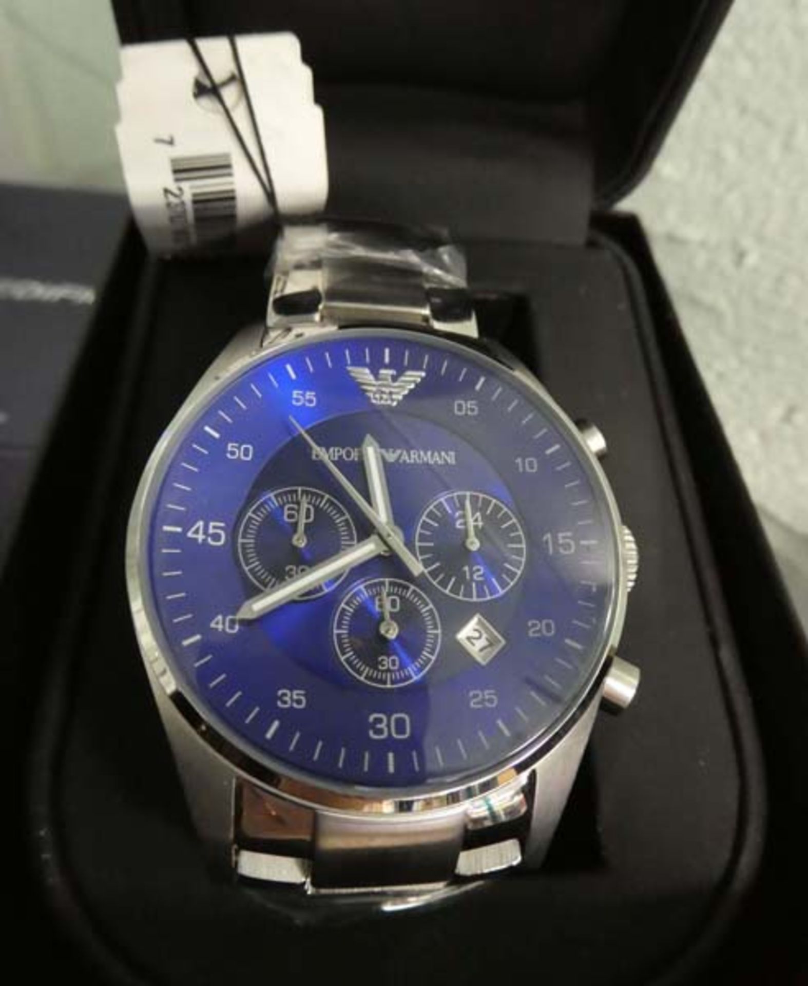 Emporio Armani stainless steel strap blue face dial chronograph wristwatch with box