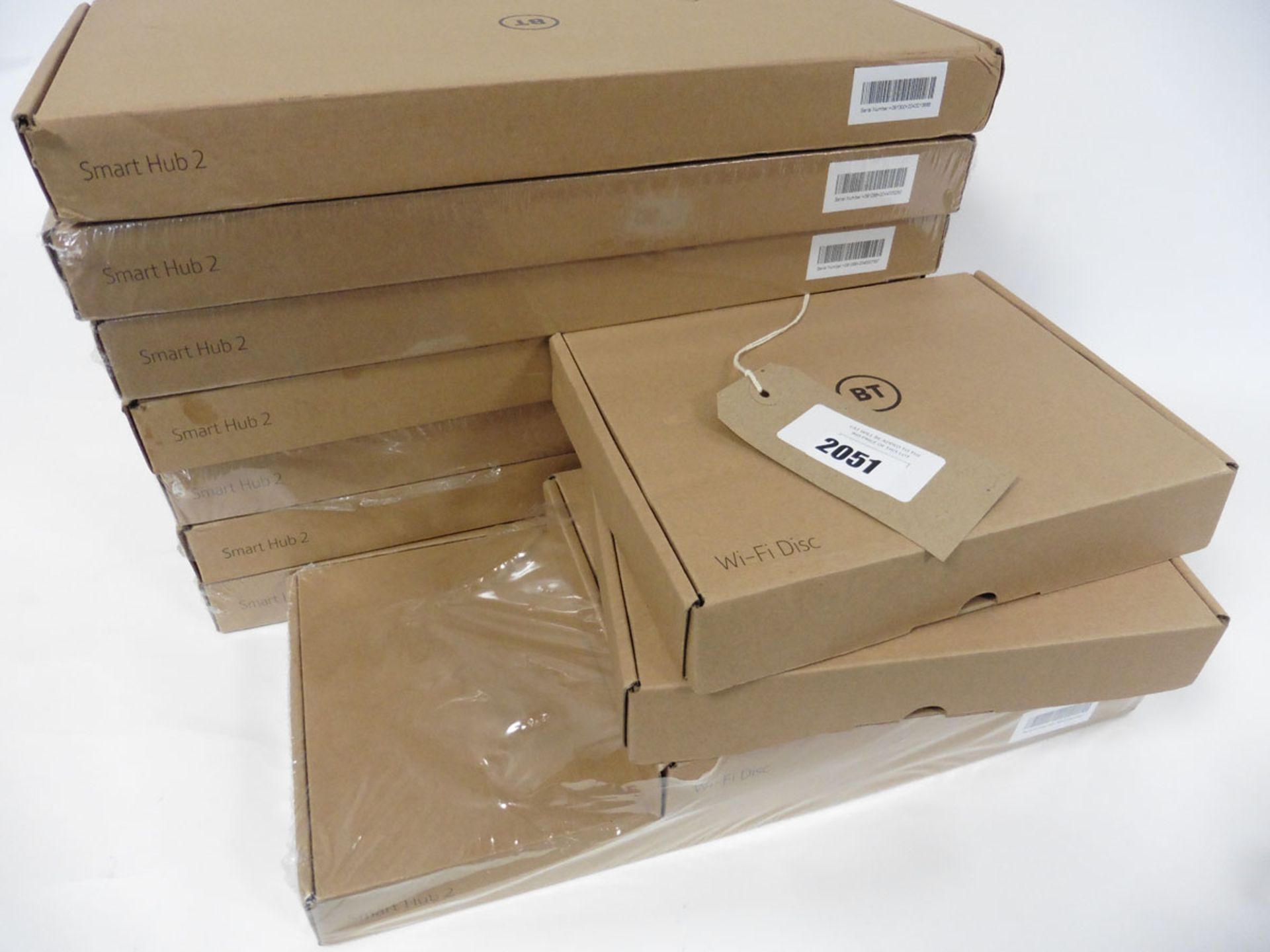 A bag of 8 BT Smrt hub 2 sets and 3 BT Wifi Discs