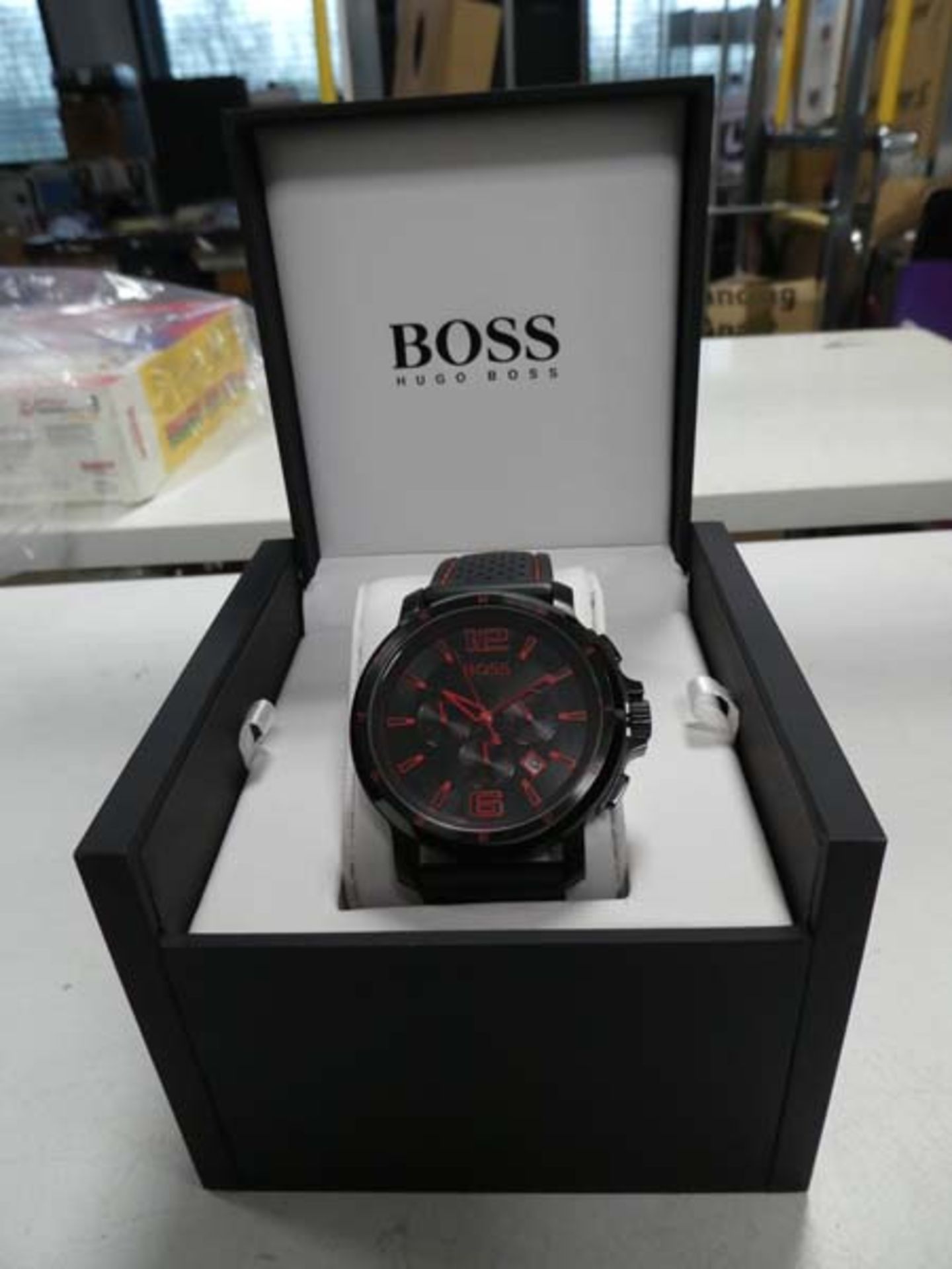 Hugo Boss chronograph and date black and red accent watch with rubberised strap in box