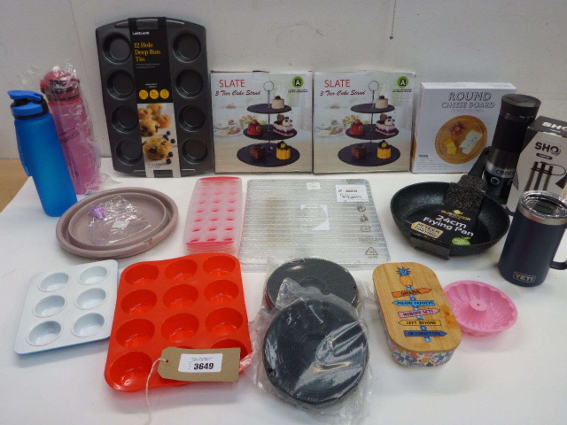 Deep bun tin, Slate cake stands, Cheese board, water bottles, frying pan, ice cube moulds, filters