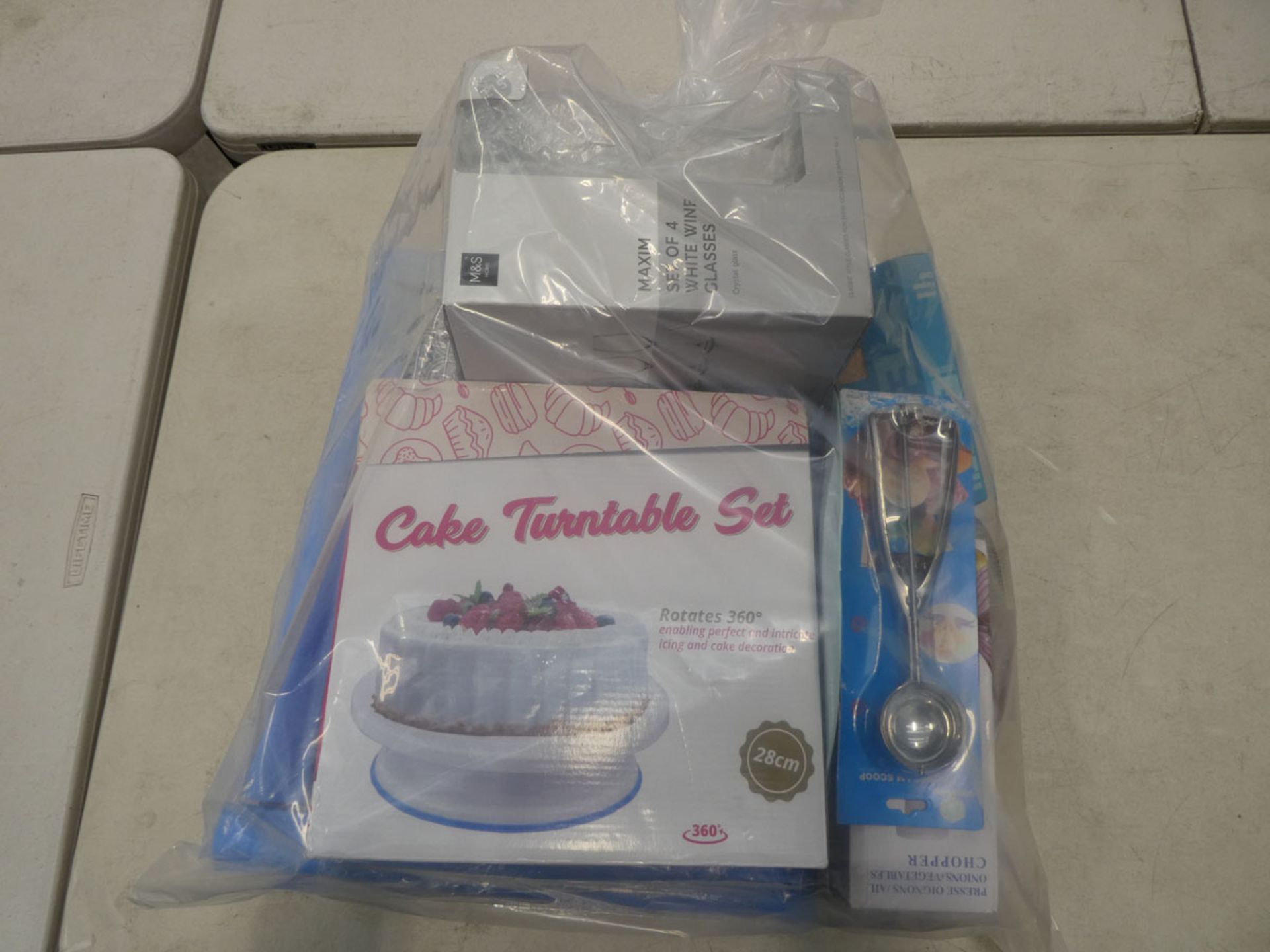 Cake turntable set, M&S wine glasses, lap tray, placemats, silicone food cover, cake cooling rack