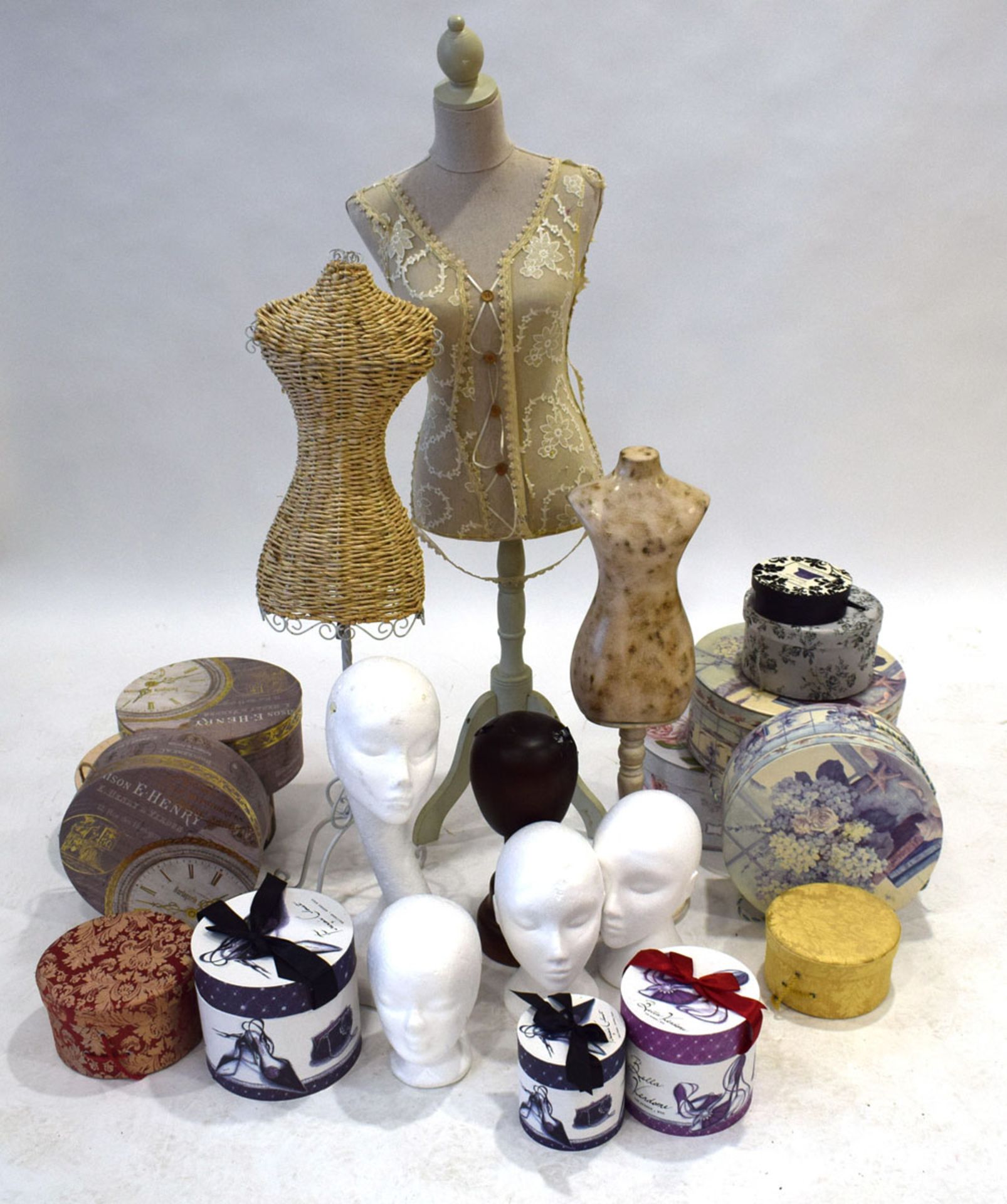 3 small mannequins, polystyrene heads with wooden head and collection of decorative round boxes