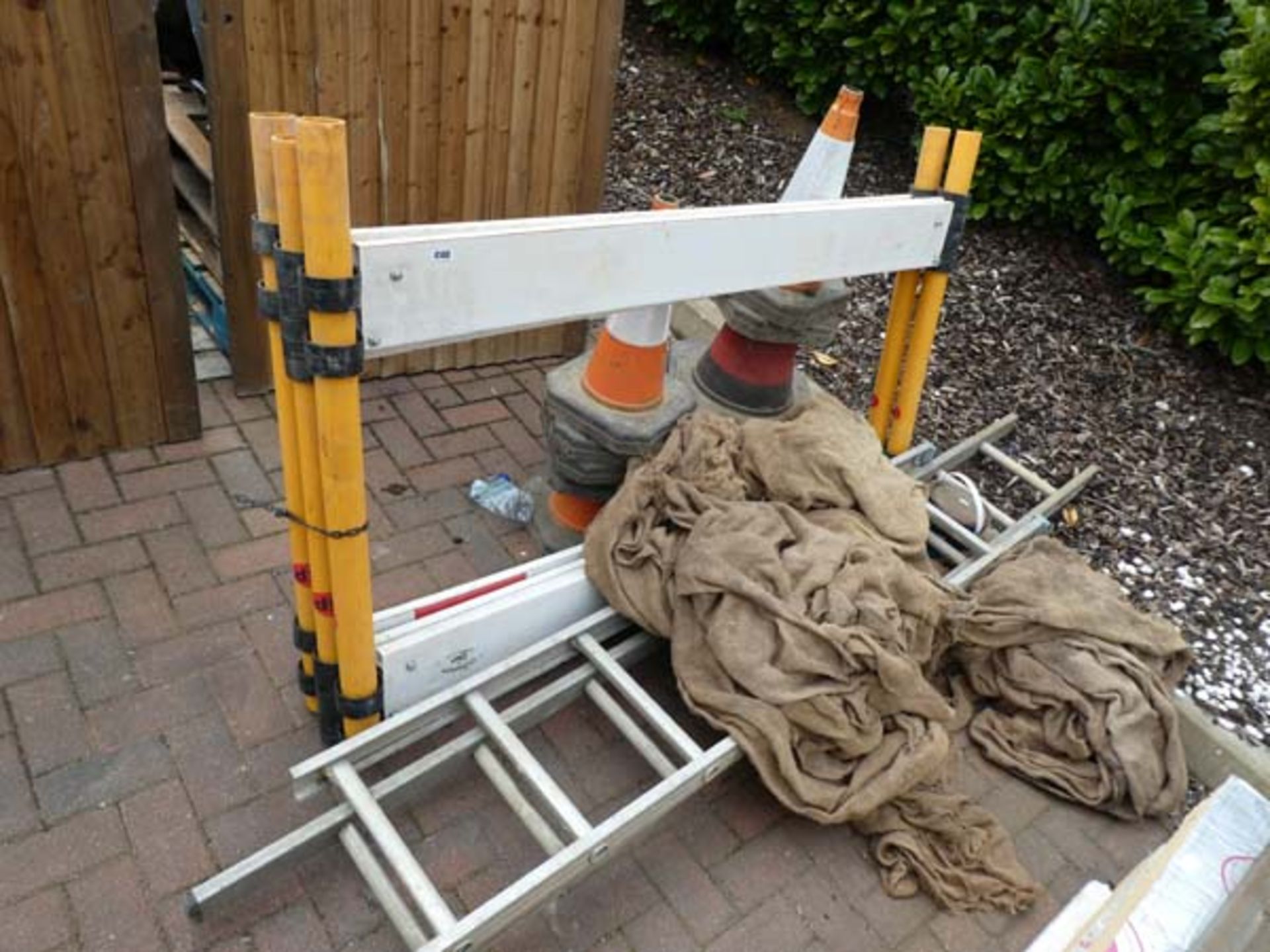 Qty of items to inc. hessian sacks, road cones, barriers, small step ladders