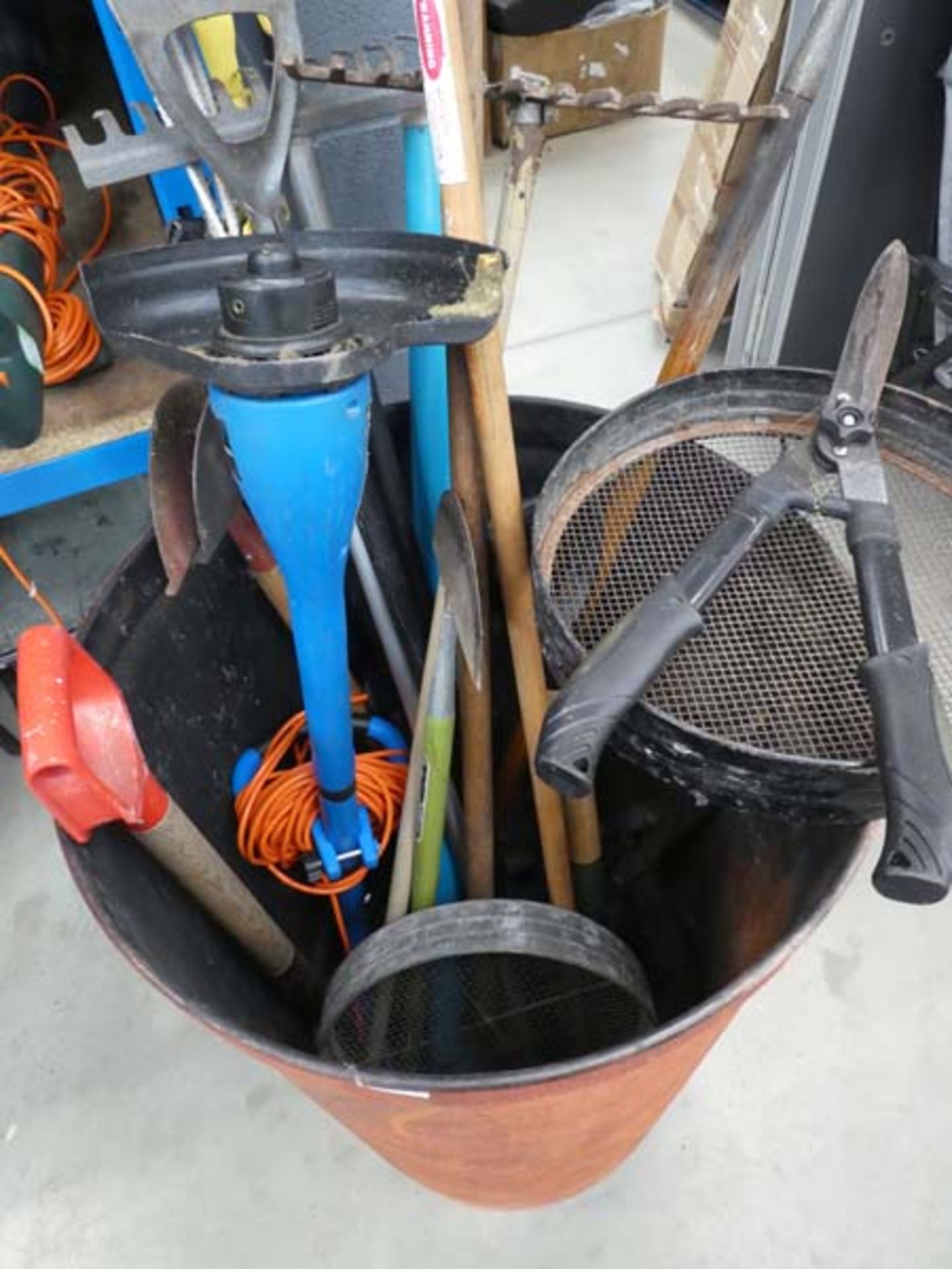 Large metal incinerator with a quantity of garden tools including strimmer, forks, sieves, rakes, - Image 2 of 4