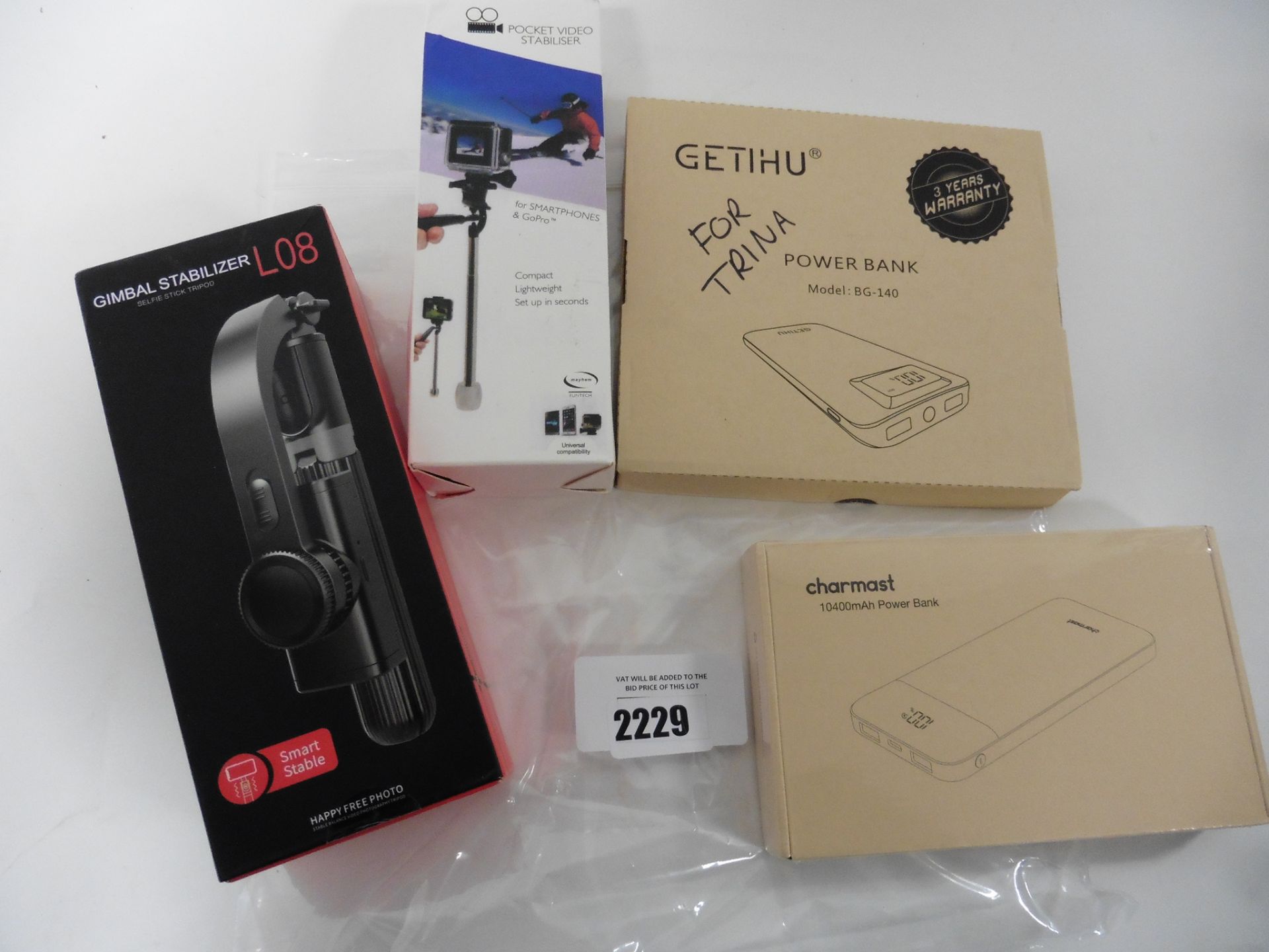 Charmast 10400 power bank, Getihu BG140 power bank, Gimbal Stabilizer L08 & Mayhem Pocket video