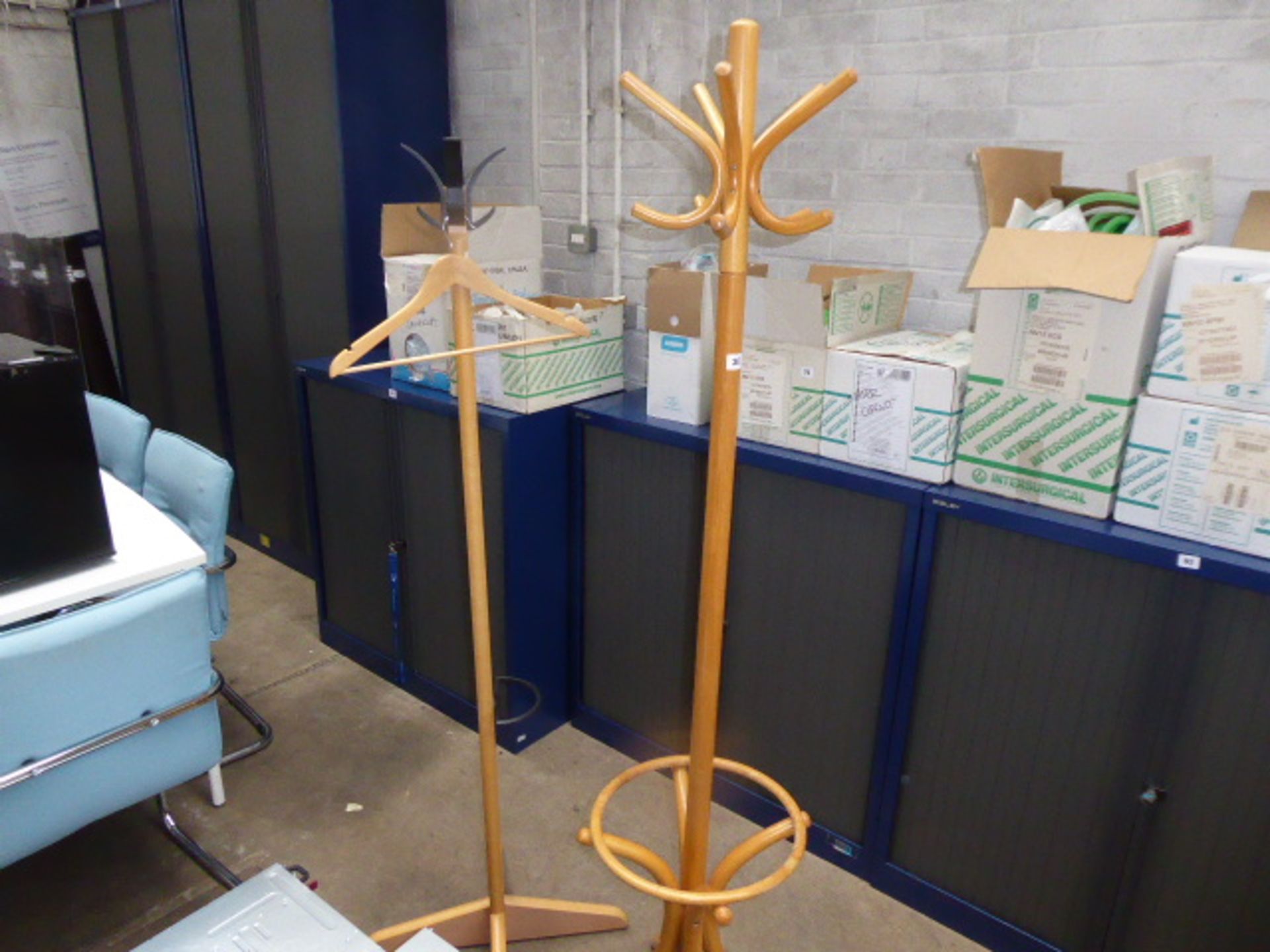 2 wooden hat and coat stands