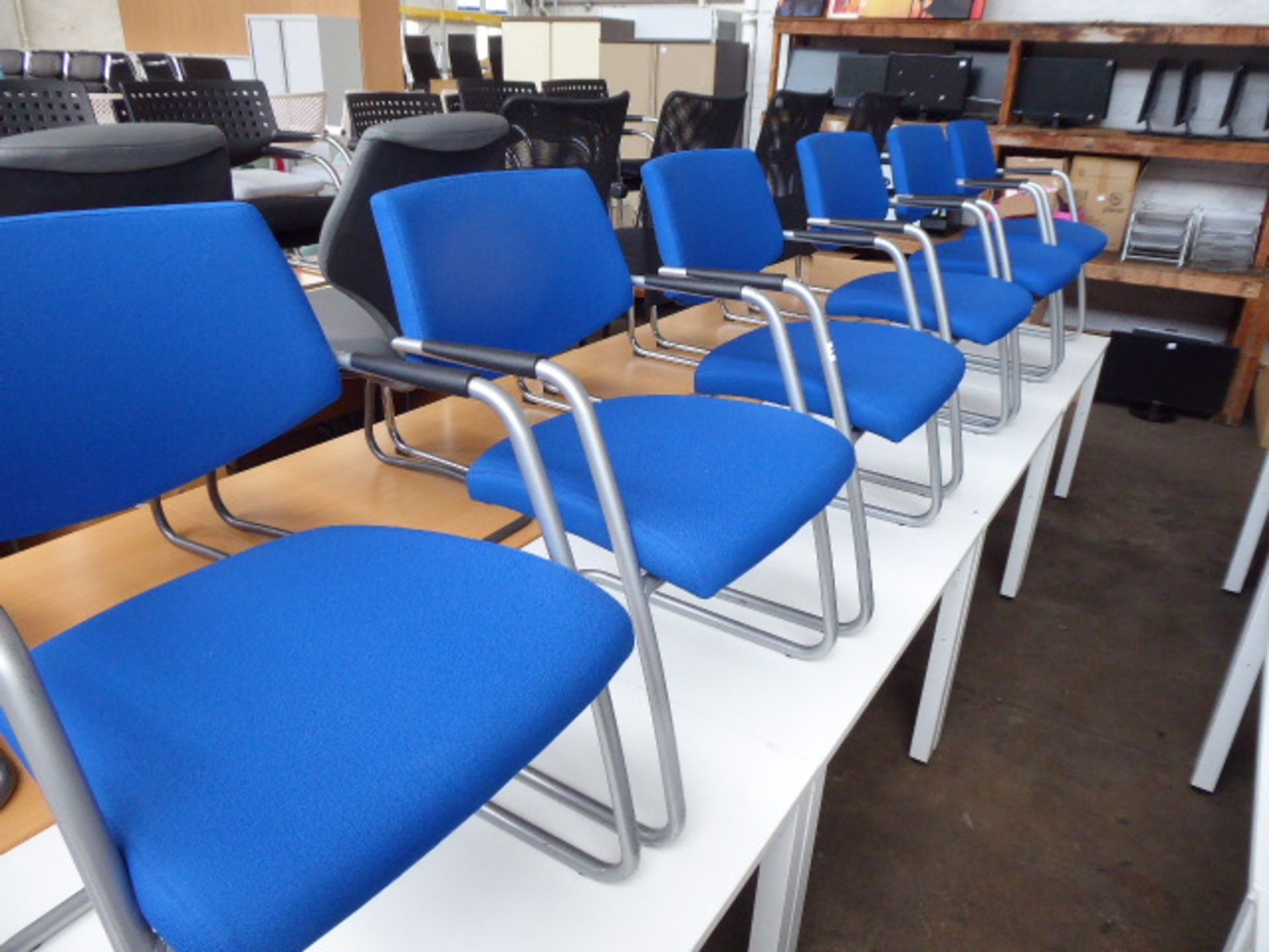 Six metal frame blue cloth reception chairs