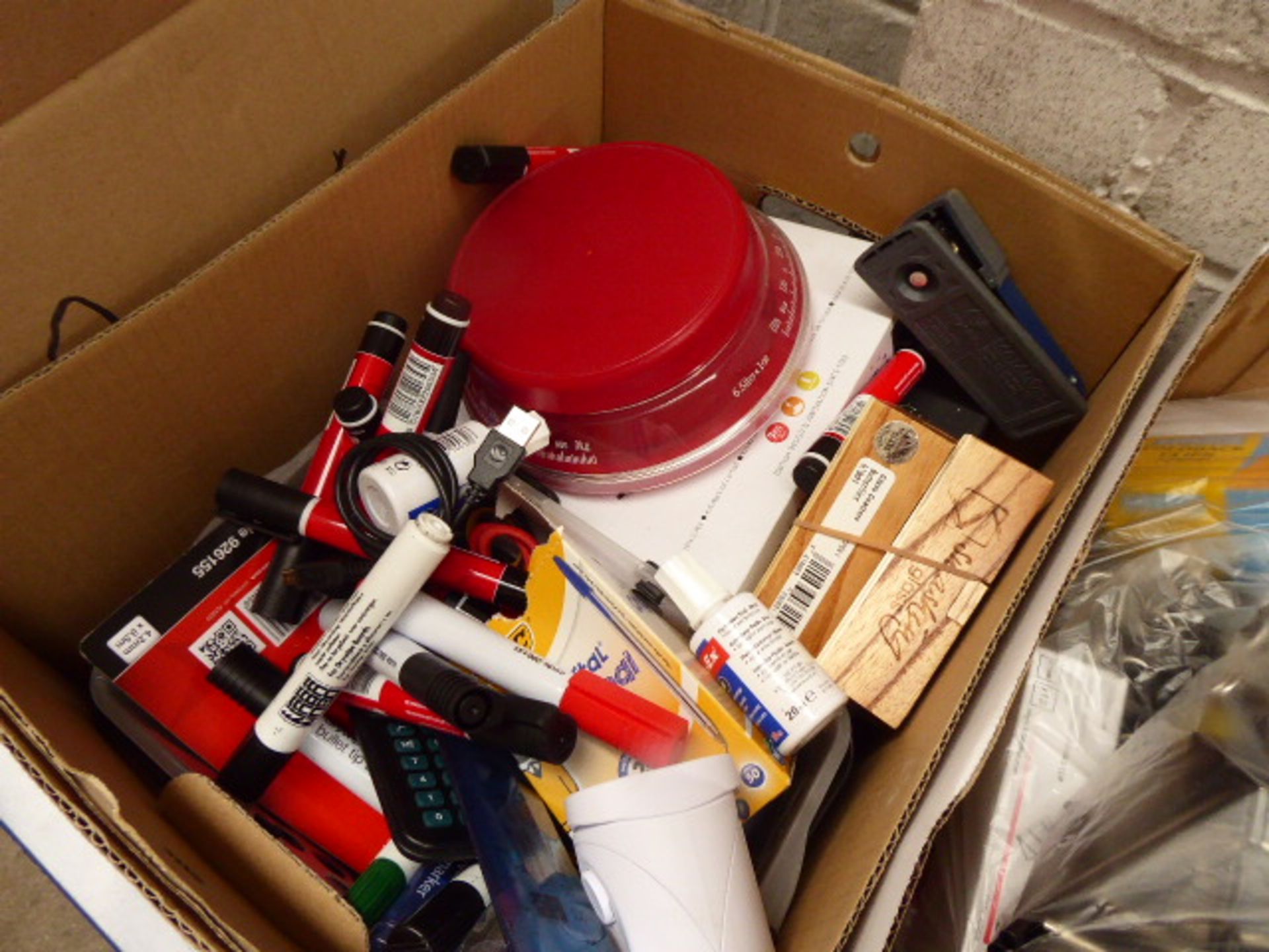 5 boxes of assorted office supplies, 2 fans, cash box, 2 paper trays, etc. - Image 6 of 6