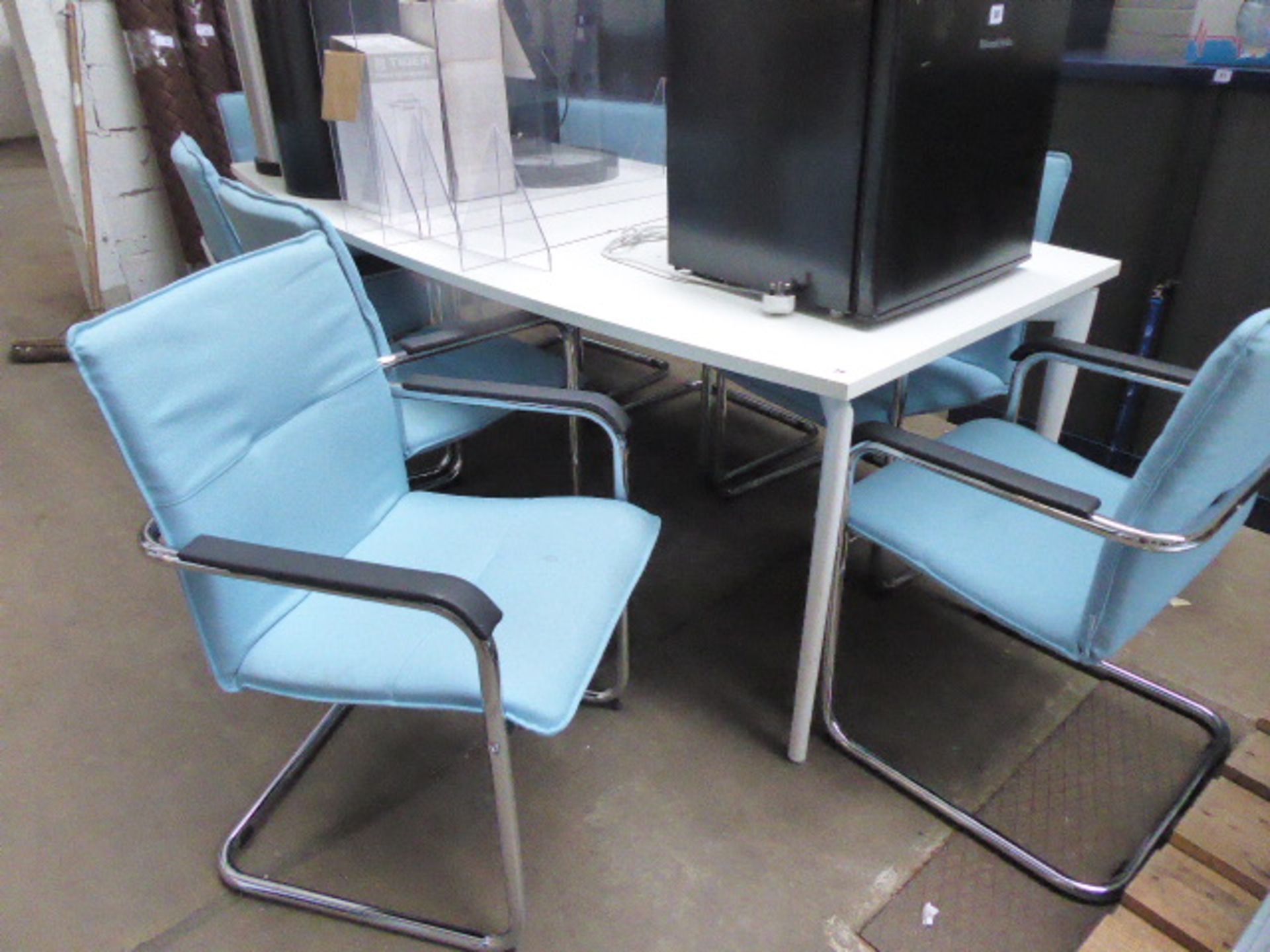 220cm white boardroom table with set of 8 matching blue cloth and chrome frame cantilever chairs