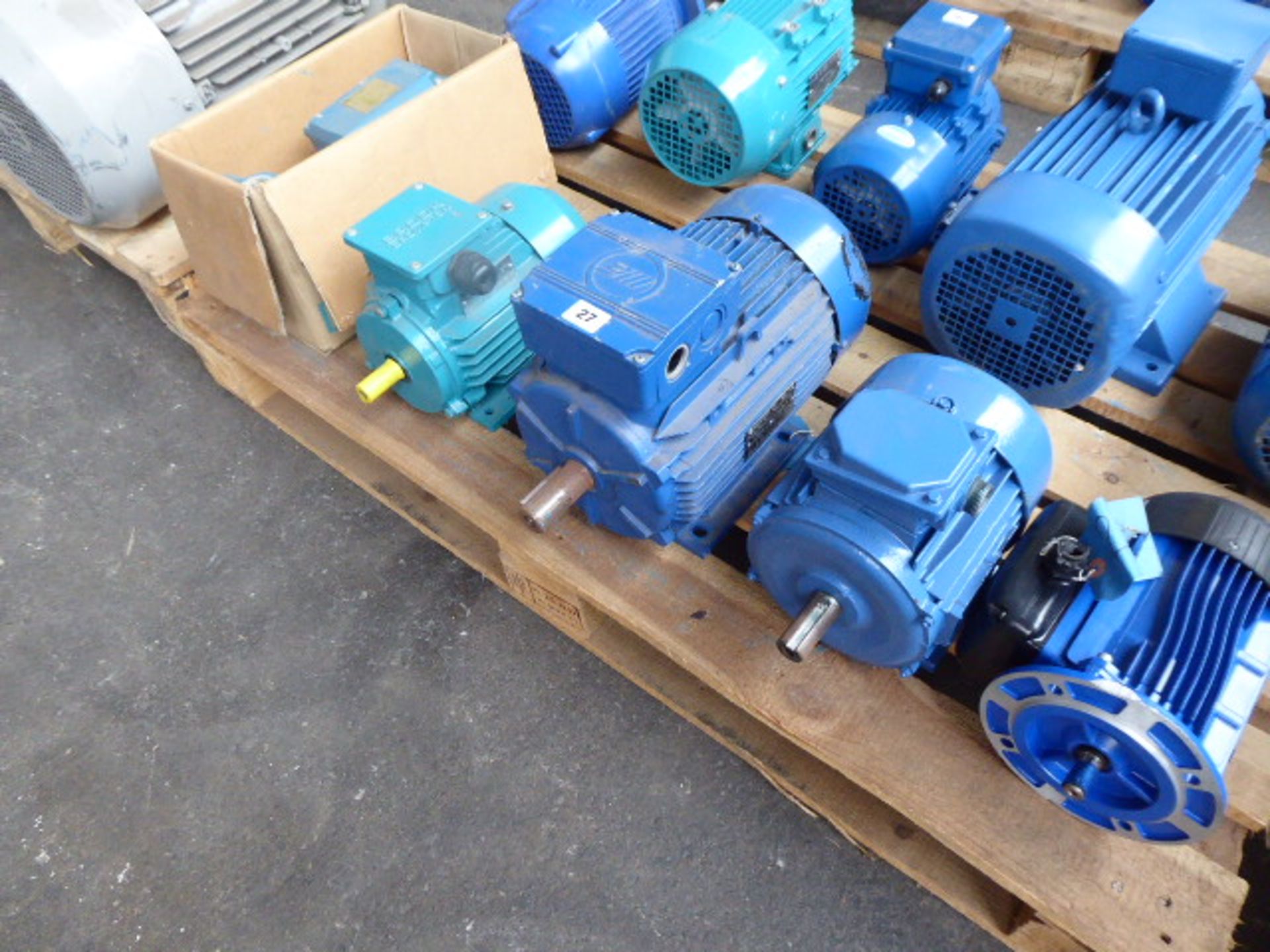 Four assorted motors plus a pump, Lowara FCE4 50-125/02/A; Marelli Motori A4C1062A00017, 2.4kw;