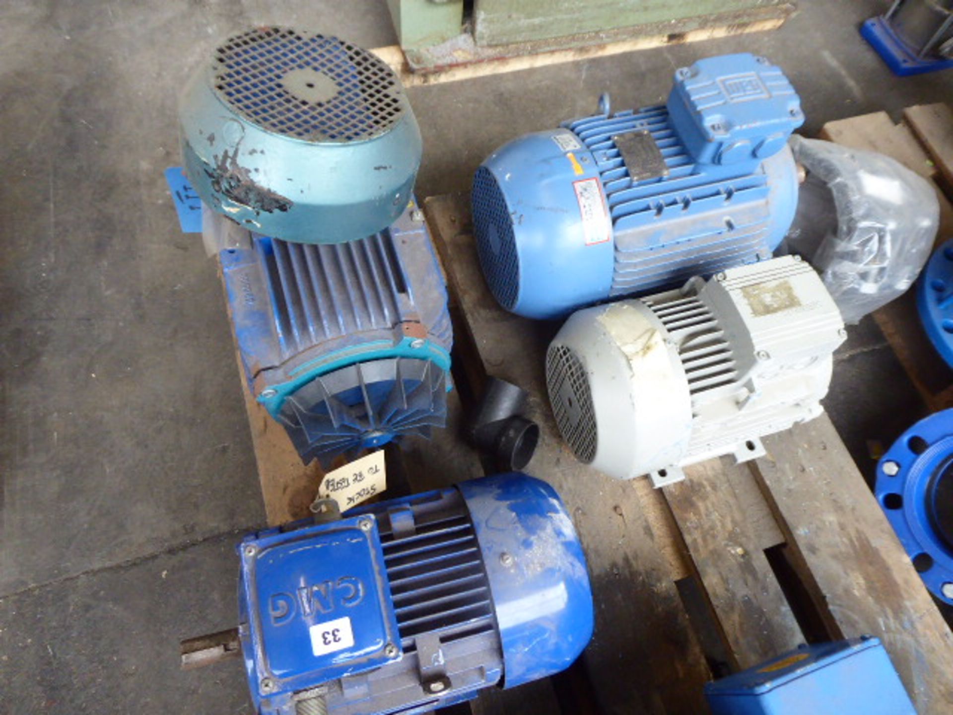 Four assorted motors, CMG SLA 112M-A, 4kw; Siemens 1LA7113-4AA60, 4.6kw; Weg AL132S-2, 6.3kw and 1