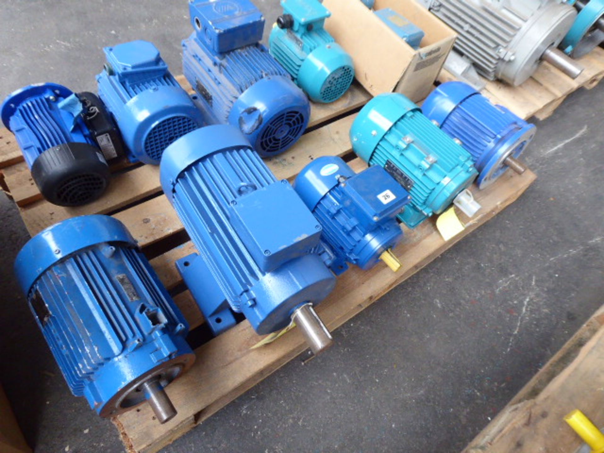 Five assorted motors, Lafert ST90SC2, 1.7kw; Brook Crompton A-DA90LA 2 B3-PTO, 2.64kw; unbranded 0.