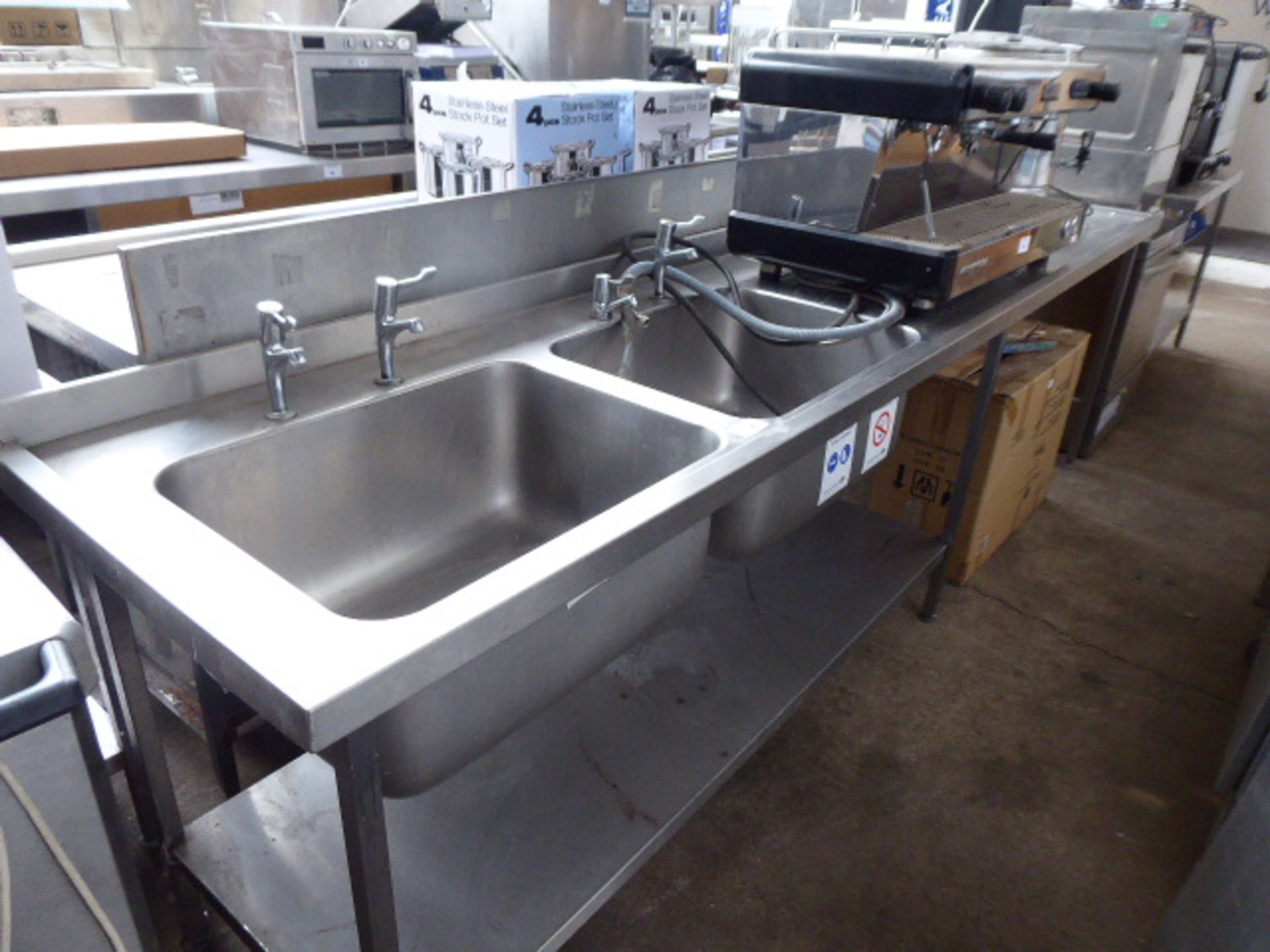 47 - 315cm stainless steel double bowl sink unit with tap sets, draining board and a hand basin with