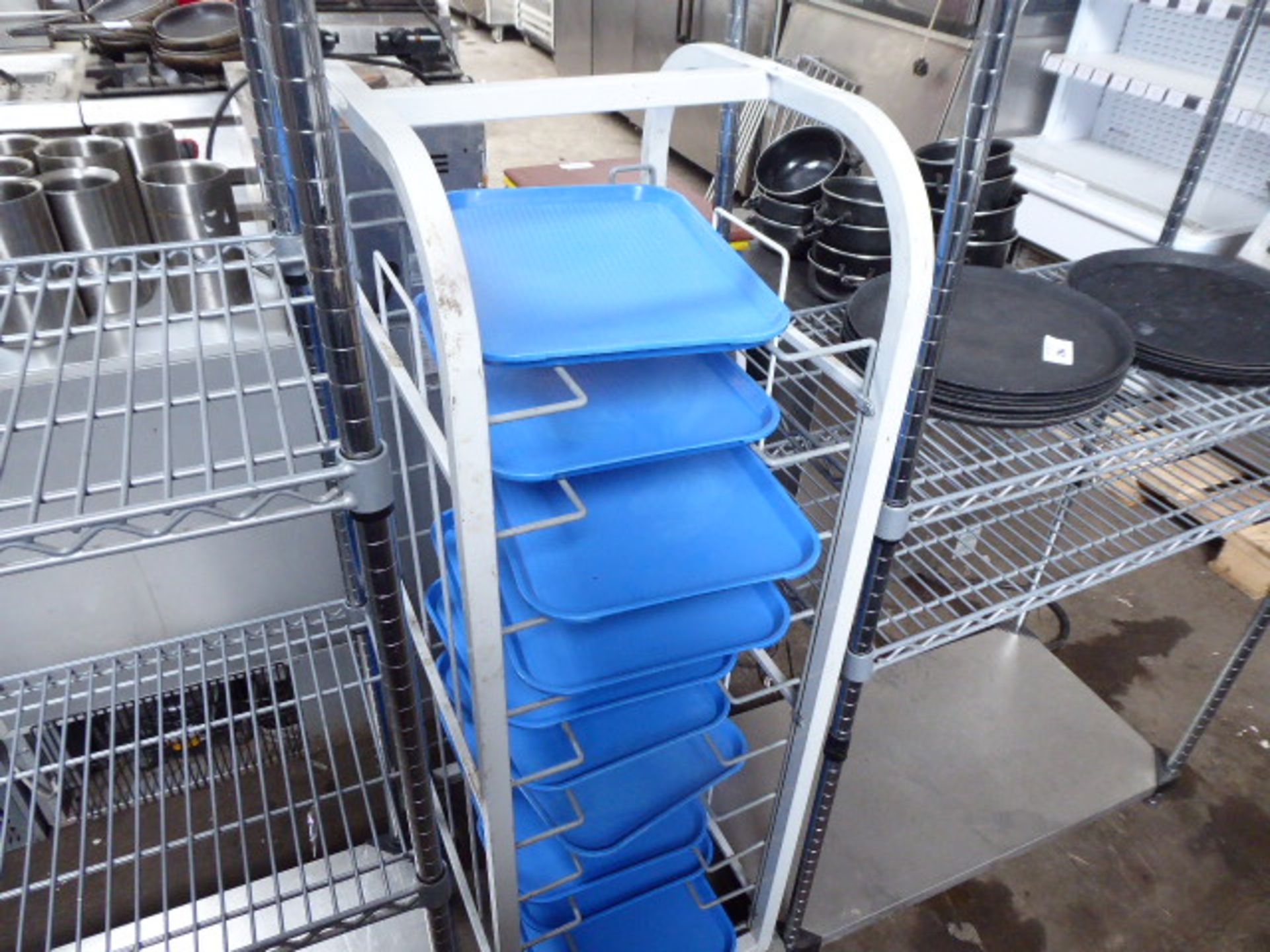 Mobile tray rack with 10 blue trays