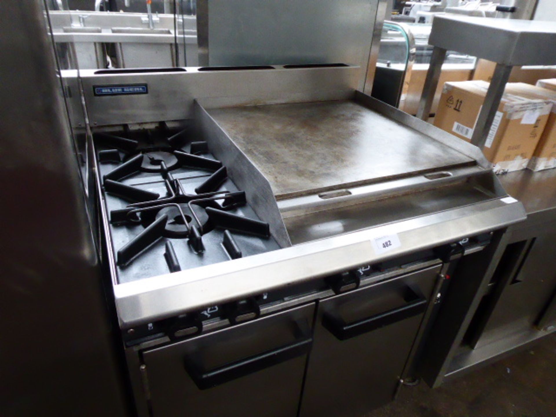 90cm gas Blue Seal solid top griddle and 2 burner cooker with double door oven under