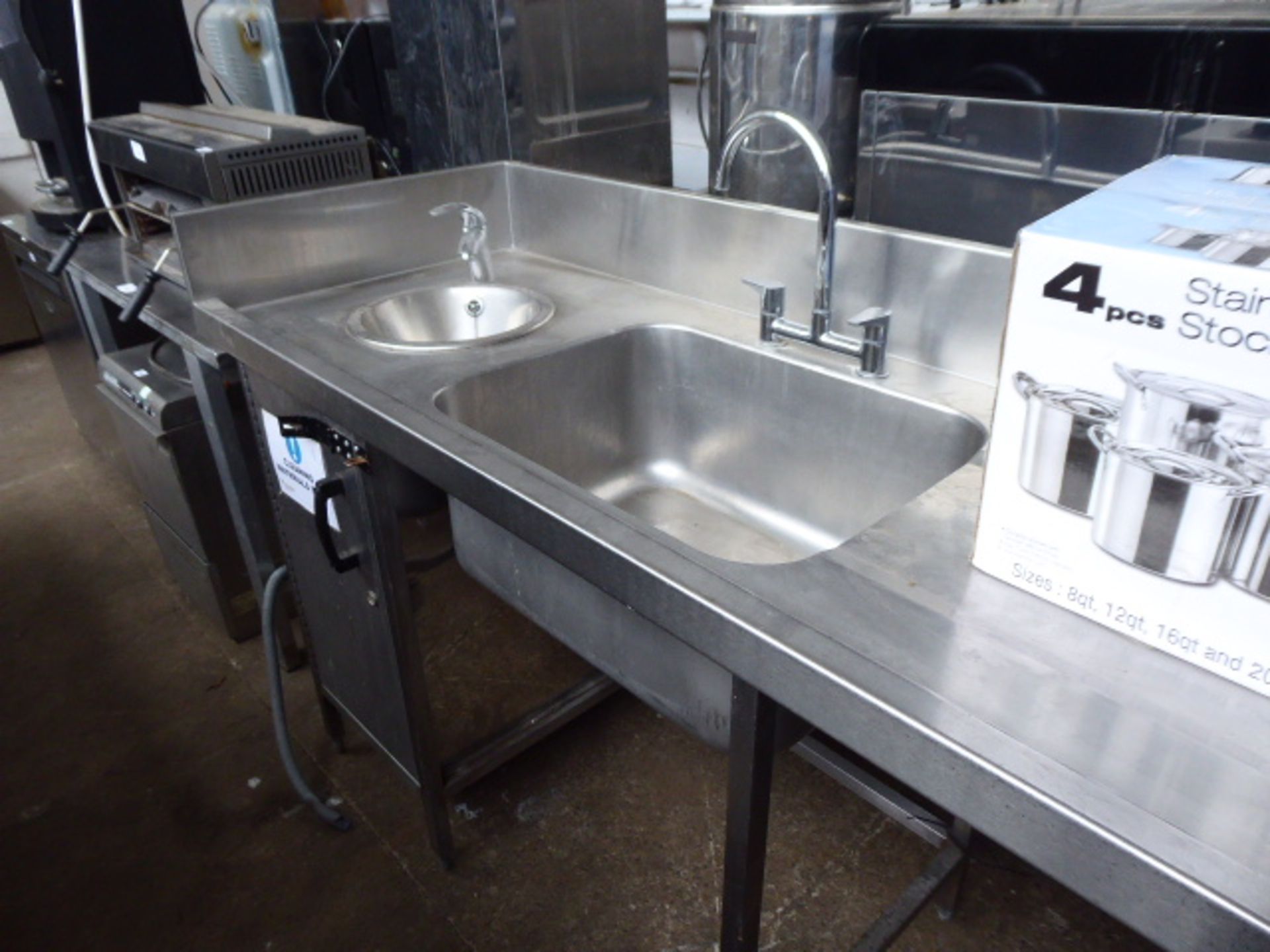 125 - 280cm stainless steel single bowl sink unit with tap set, draining board, hand basin, space