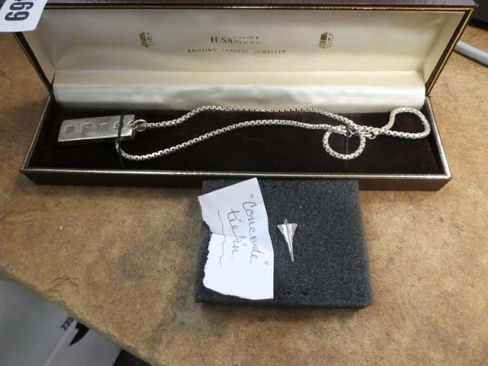 Concorde tie pin, silver hallmarked ingot on chain