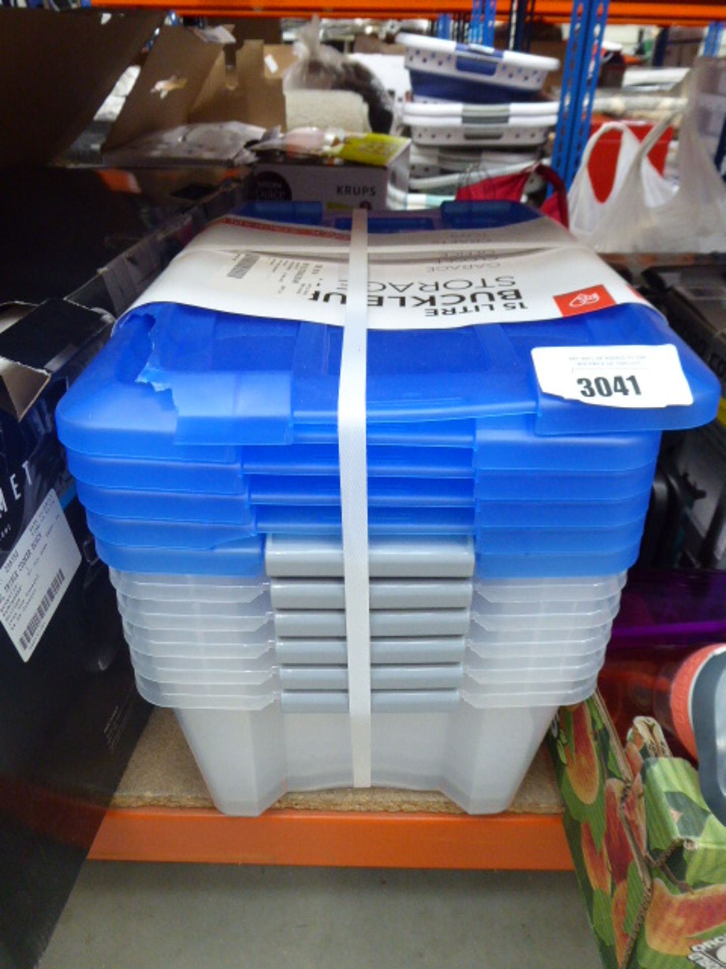 Small stack of 15L storage boxes, one is cracked