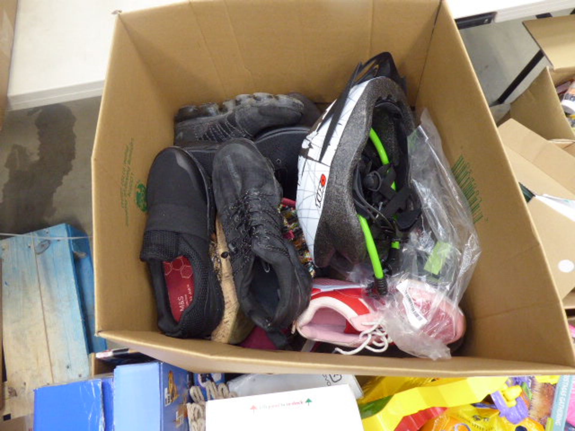 Box containing cycle helmet, mixed used trainers to include Nike, M&S, etc
