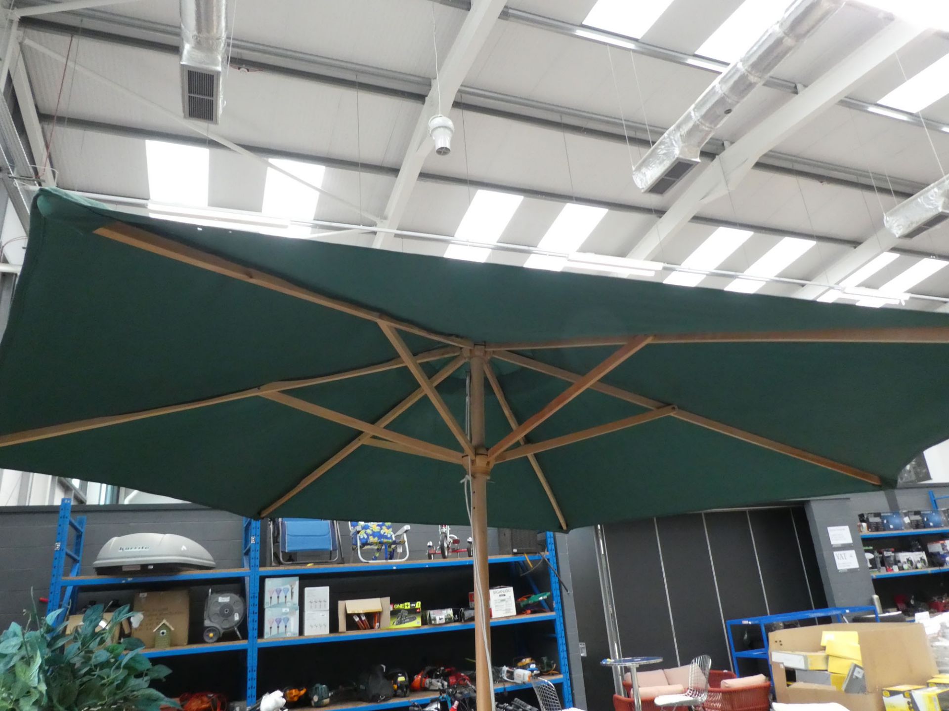 Large green garden parasol complete with stand - Image 2 of 2