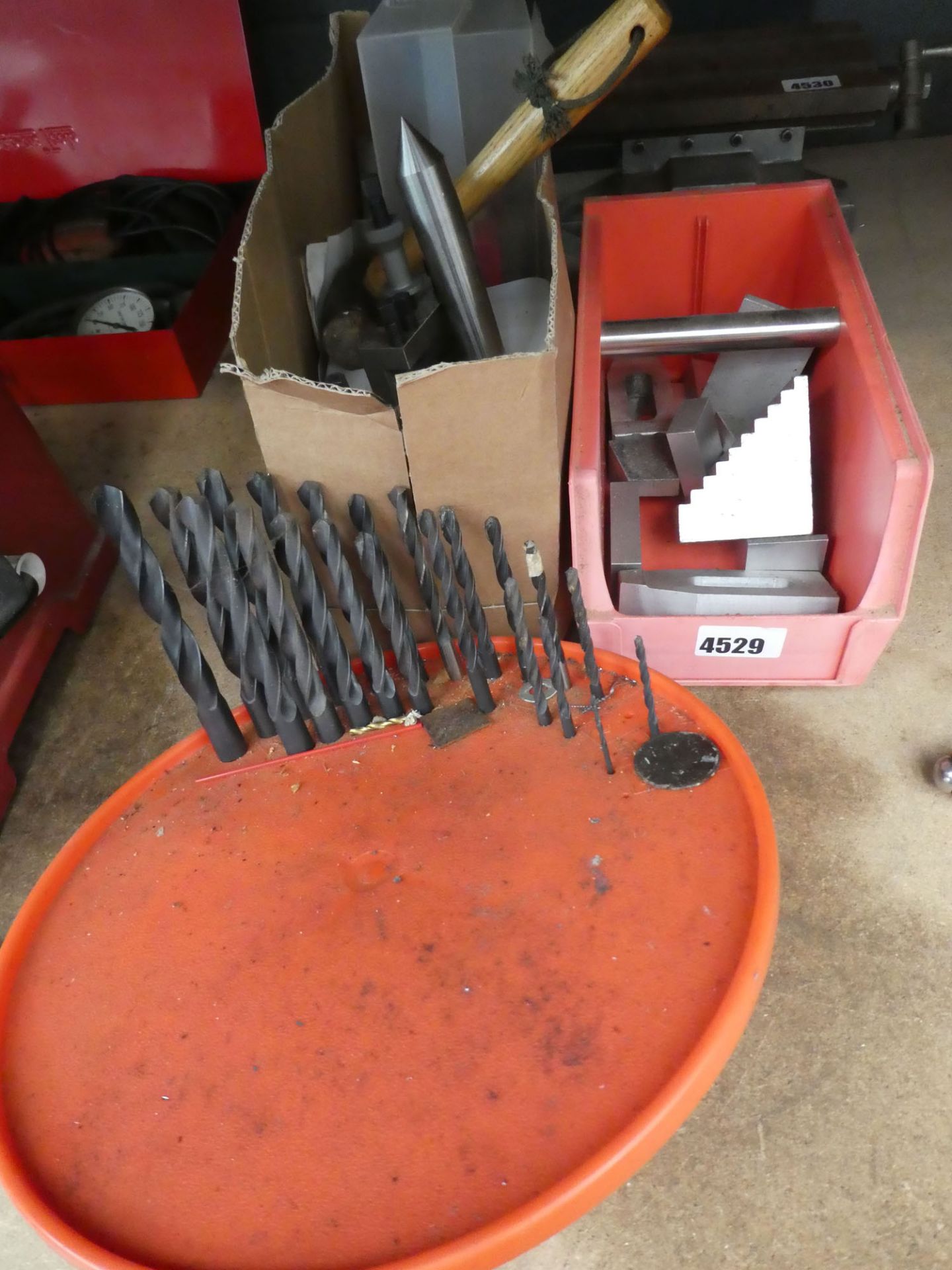 Quantity of items, to include: drill bits, aluminium machine blocks, hammer, centres etc