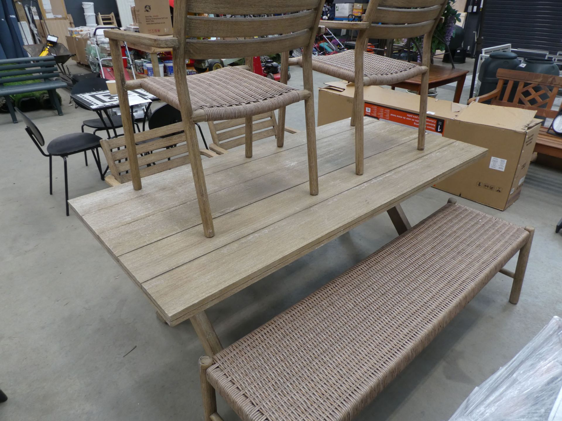 Large rectangular wooden garden table with 4 chairs and a rattan top bench seat Slight chips on - Image 2 of 2