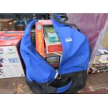 Samsonite bag plus a box containing a large qty of board games and jigsaw puzzles