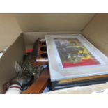 Box containing a modern quartz clock, barometer, prints and various household goods to inc.