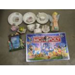 Box containing snow globes, Disney and other figures plus a Monopoly set