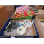 Box containing Captain Scarlet and Shell cars plus wristwatches and Dinky toys