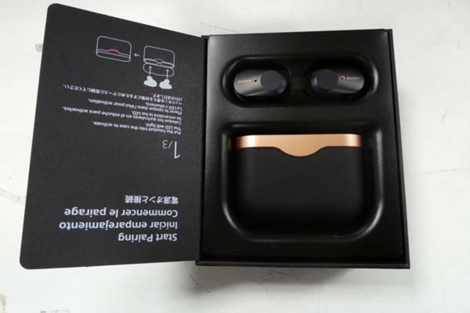 Sony WF-1000XM3 wireless noise cancelling earbuds with charging case and box