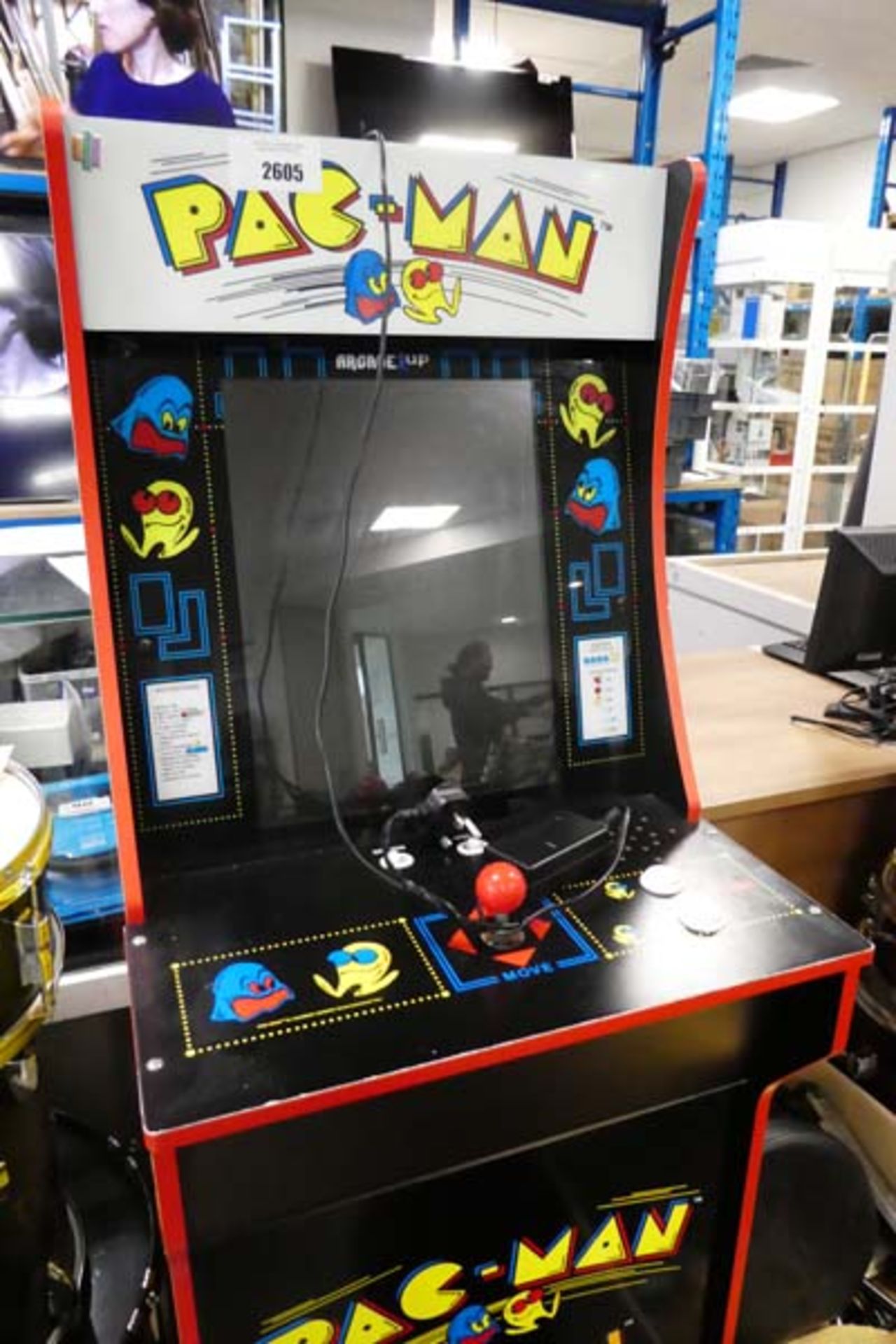 Pac Man arcade machine with pedestal and power supply Item is used, sound and joysticks work, screen - Image 2 of 2