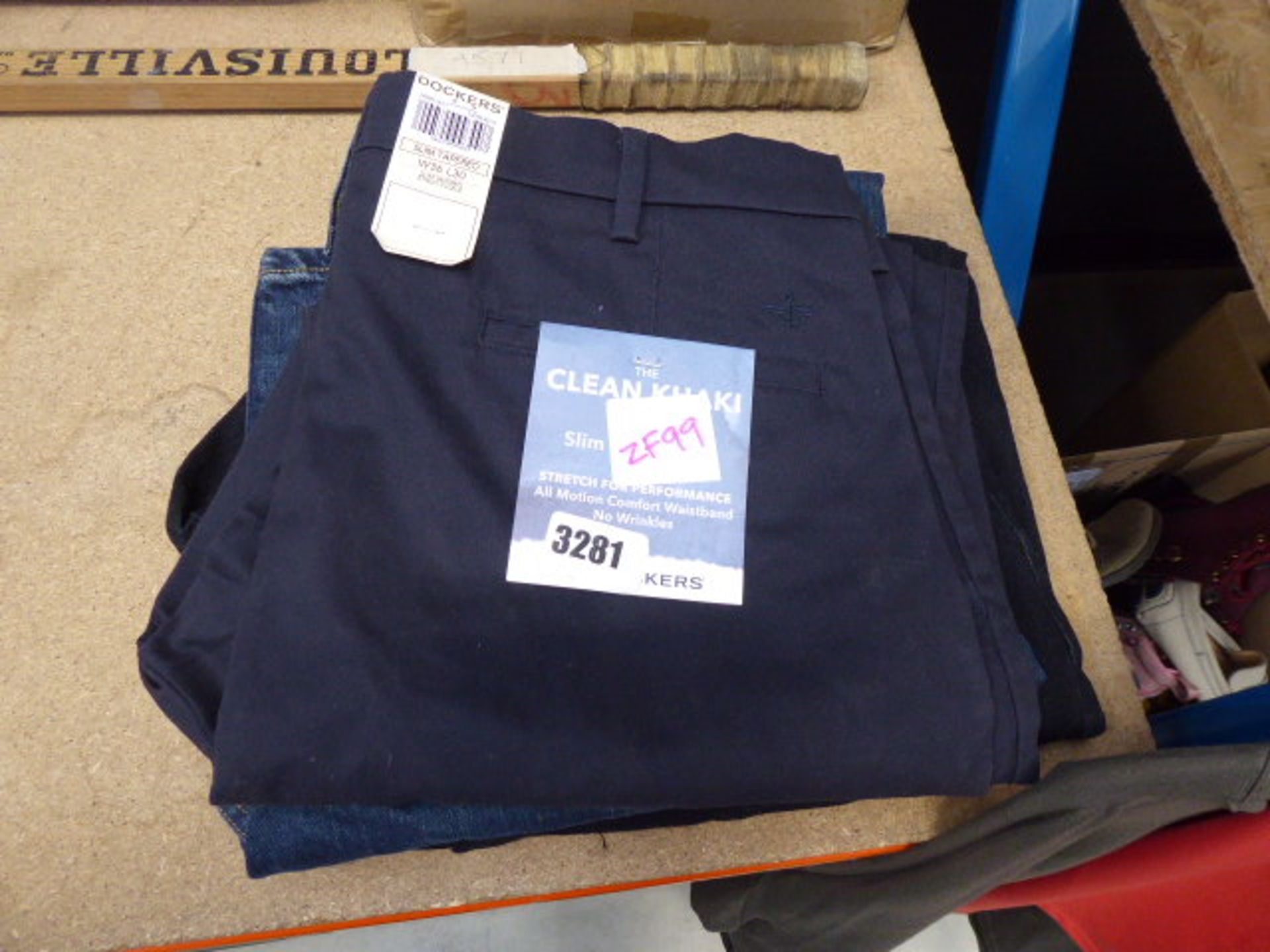 3295 Pair of Docker trousers, W36, L30, pair of Kirkland jeans, and pair of Cam denim jeans