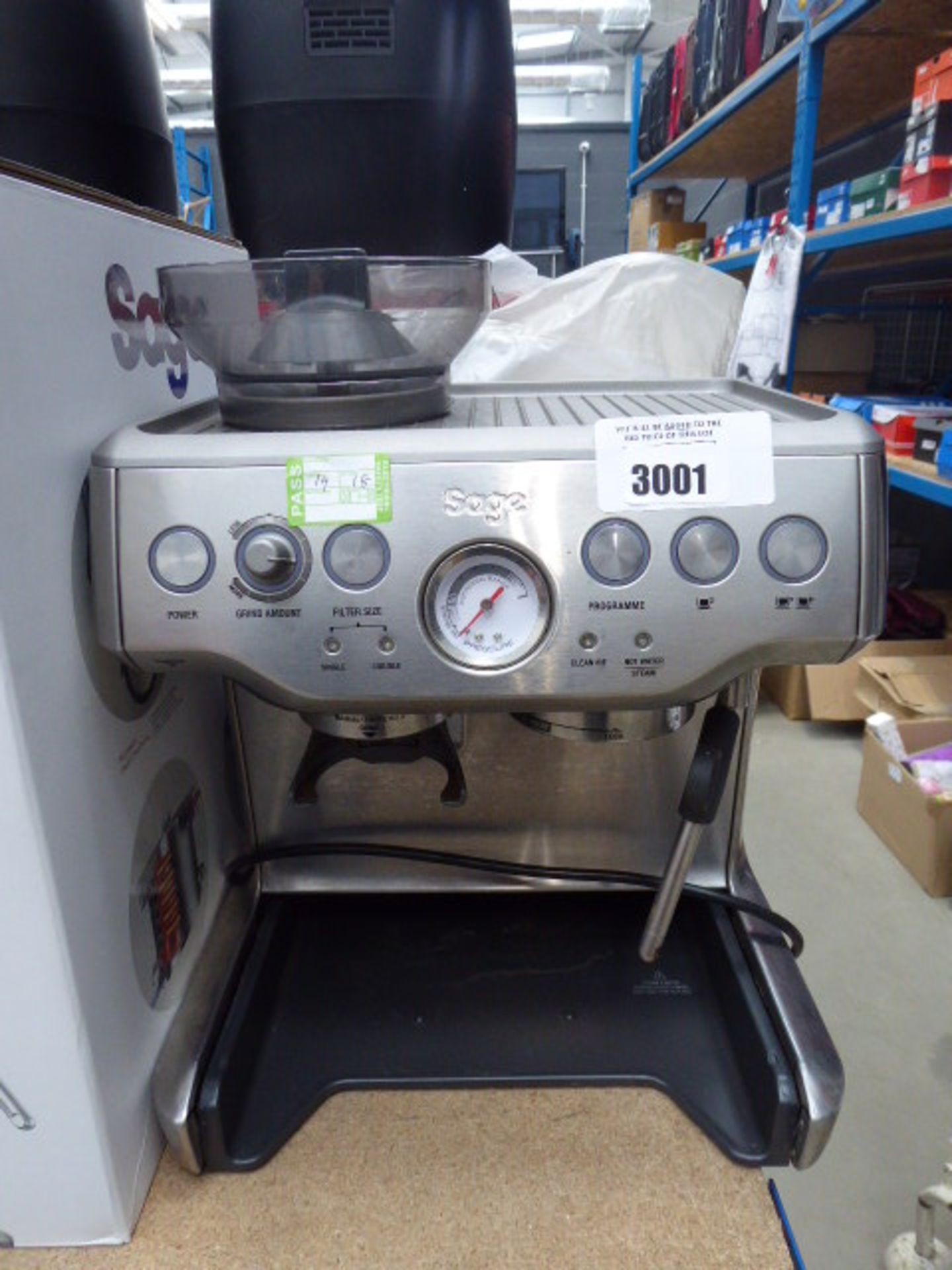 (TN18) Unboxed Sage Barista Express coffee machine with accessories to include water tank, jug,