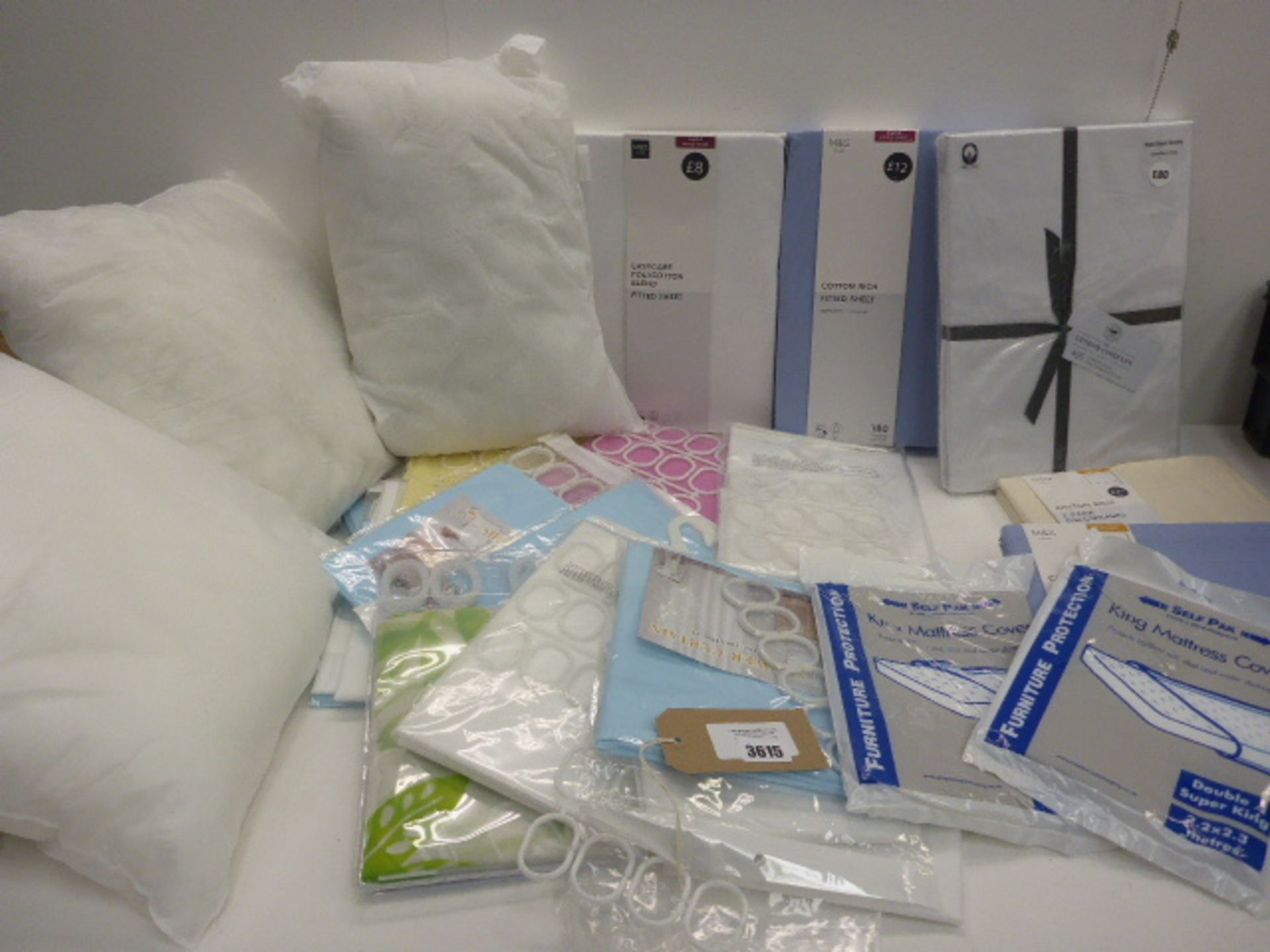 Selection of fitted sheets, quantity of shower curtains, 3 inner cushion pads, pillowcases and