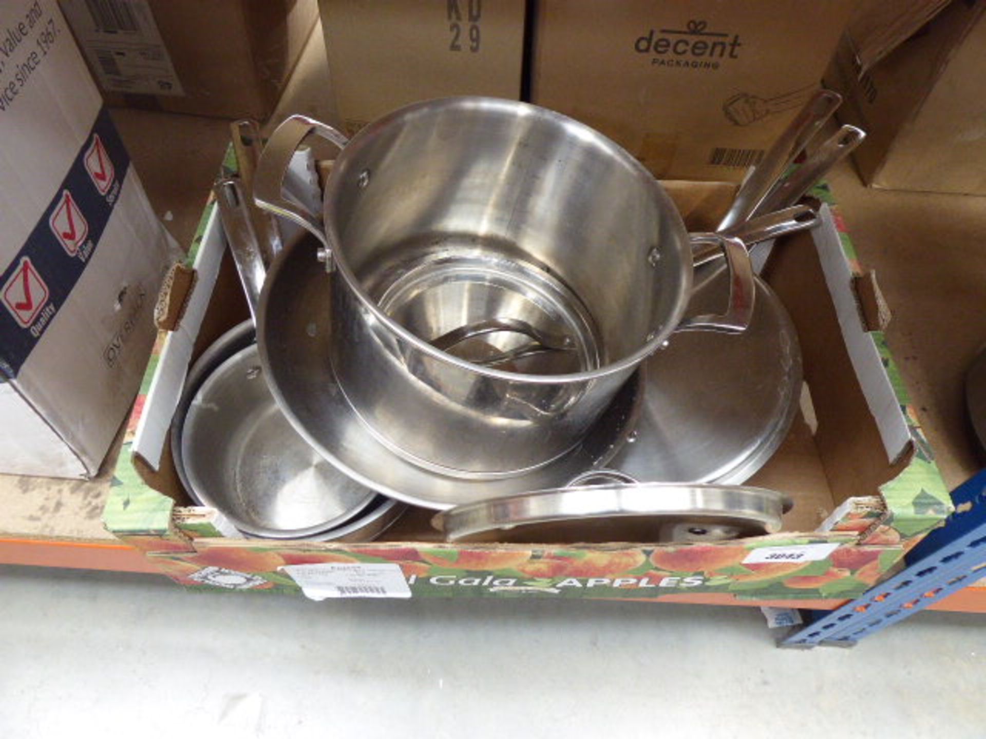 3030 - Tray containing used stainless steel pots and pans