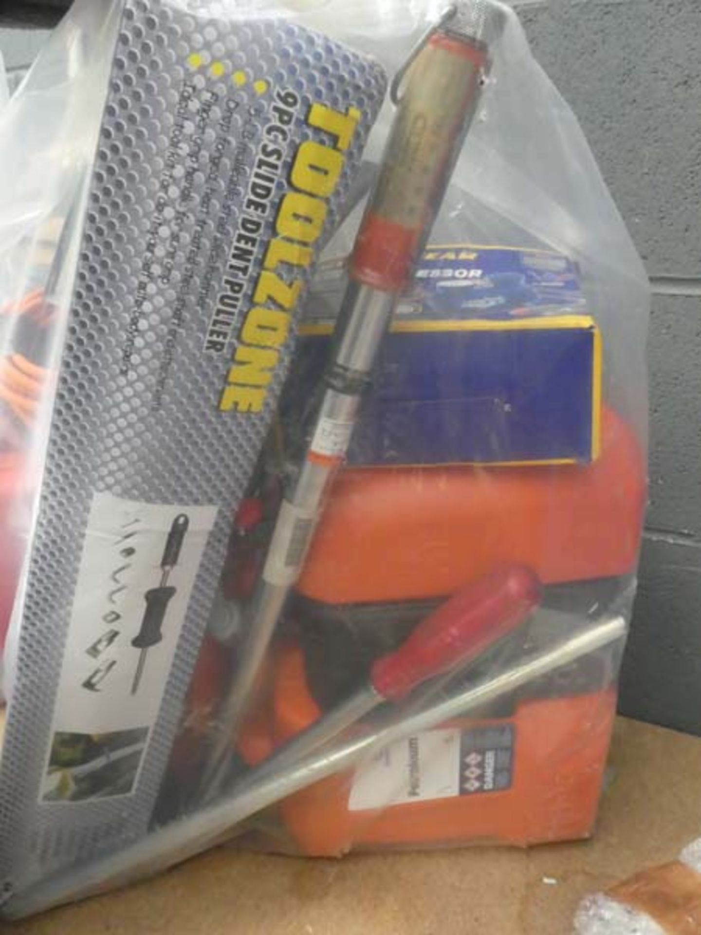 (4649) Husqvarna chain saw fuel can, Tool Zone slide hammer, Universal car set, torq wrench, - Image 2 of 2