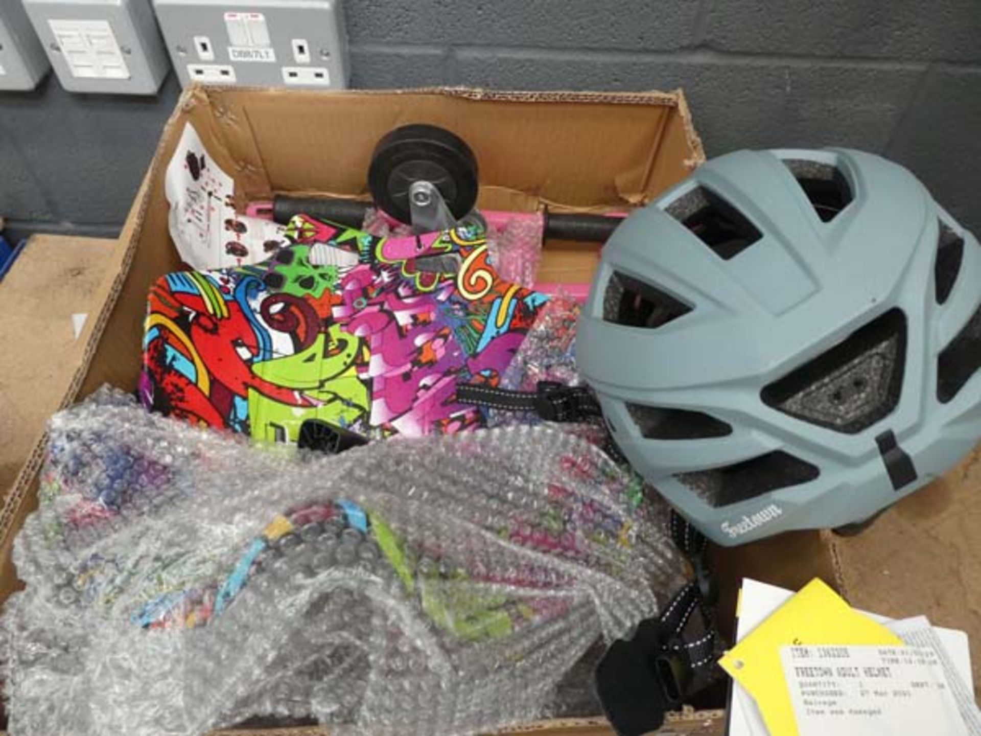 Box containing flatpack trike, helmet, and balance board frame - Image 2 of 4