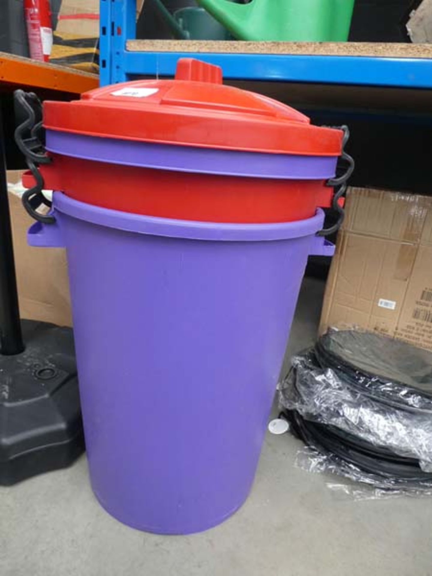 1 x red and 1 x purple plastic garden bins