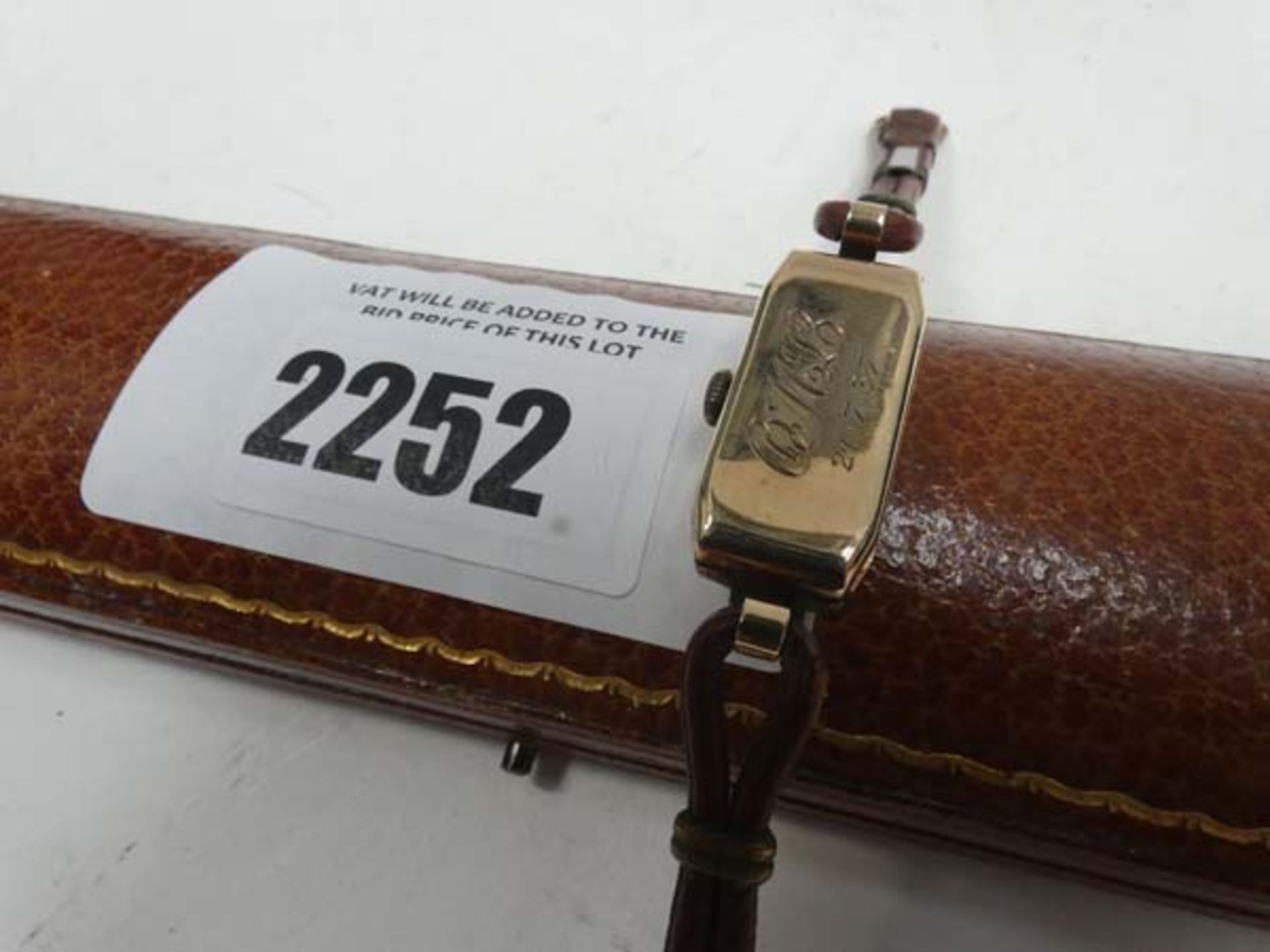 Vintage 9ct casing watch with leather strap and case (note: custom engraving on back) - Image 2 of 2