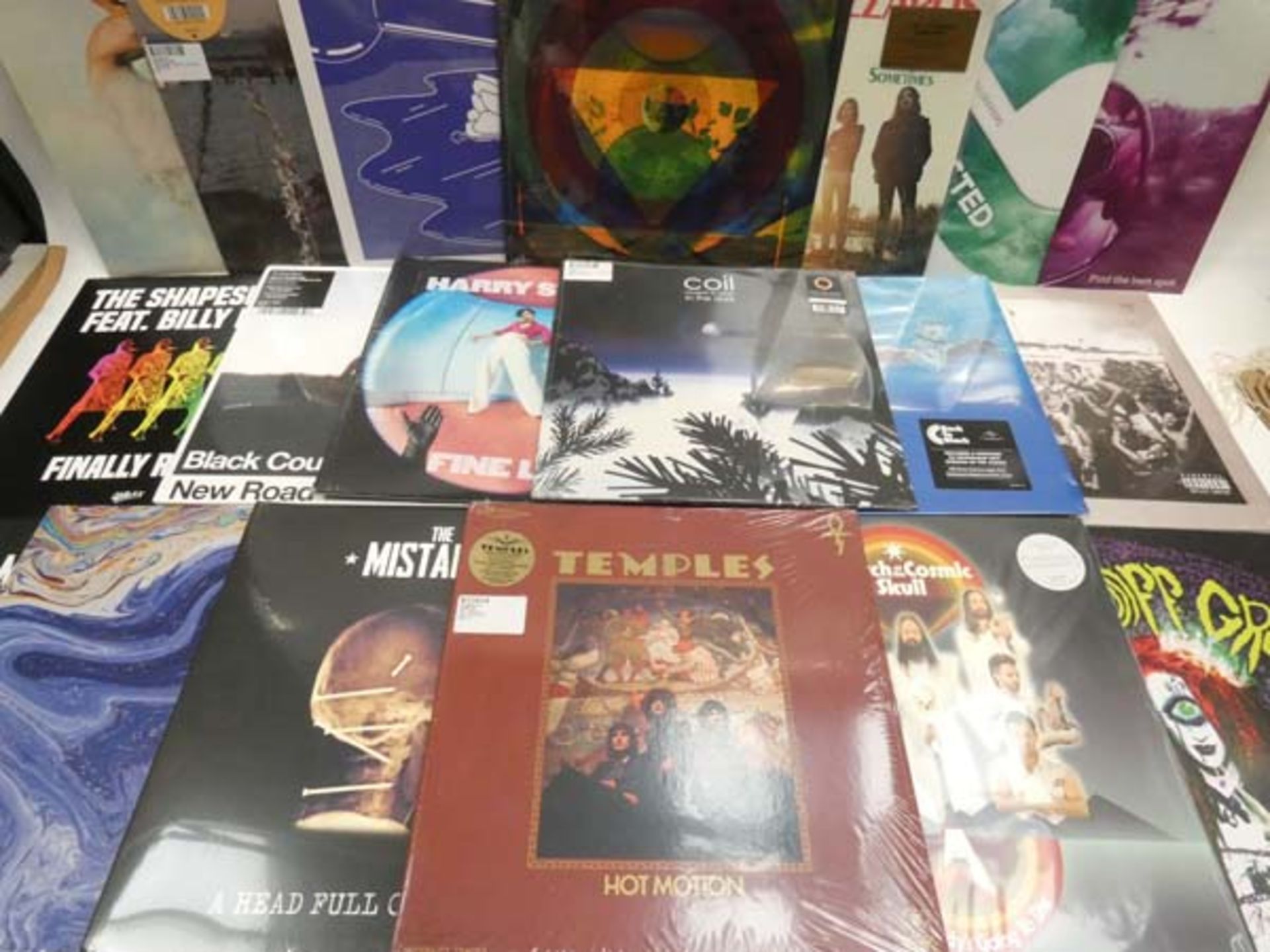 Box containing quantity of LP and 45 records to include Nirvana, Coil, Church of the Cosmic Skull,