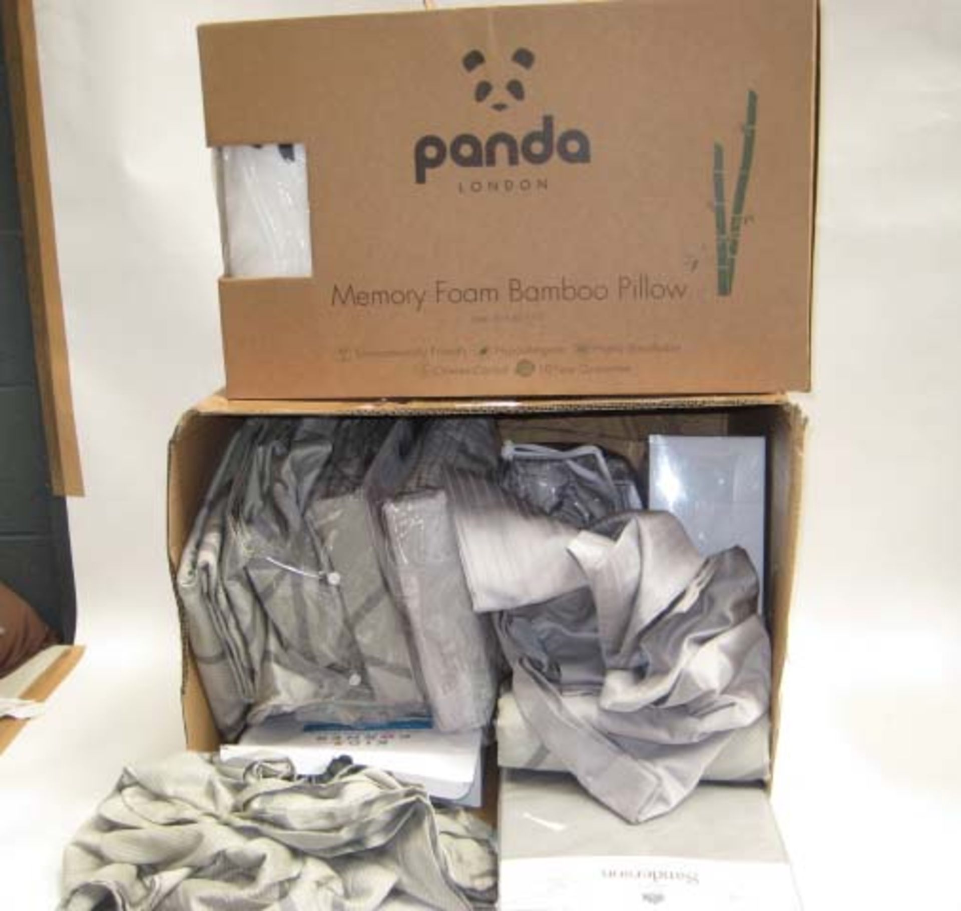 Box of various bedding by Saunderson etc together with a Panda Memory Foam bamboo pillow