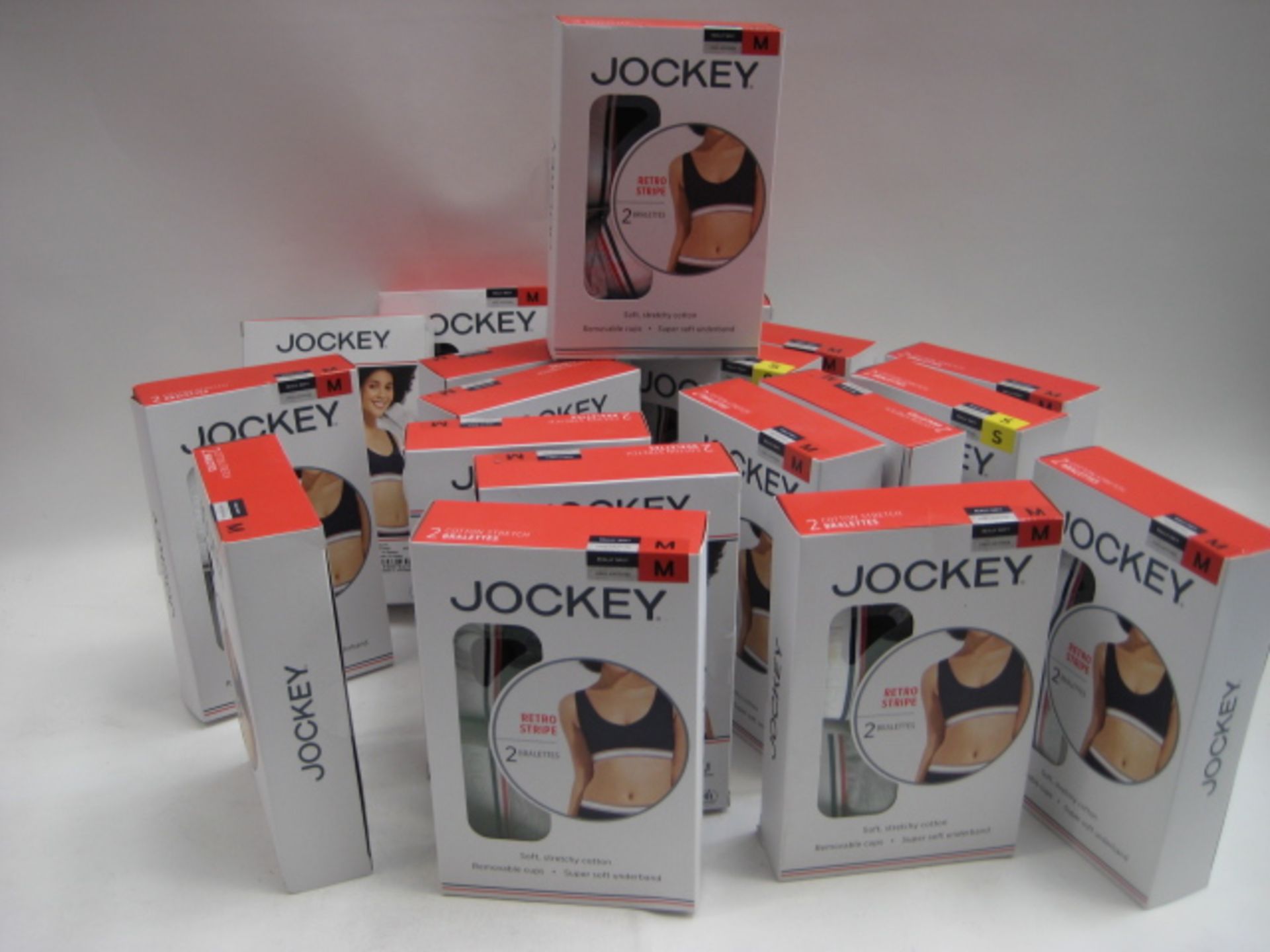 Bag containing approx 18 boxed jockey cotton stretch bralette (2 per box), size S-M