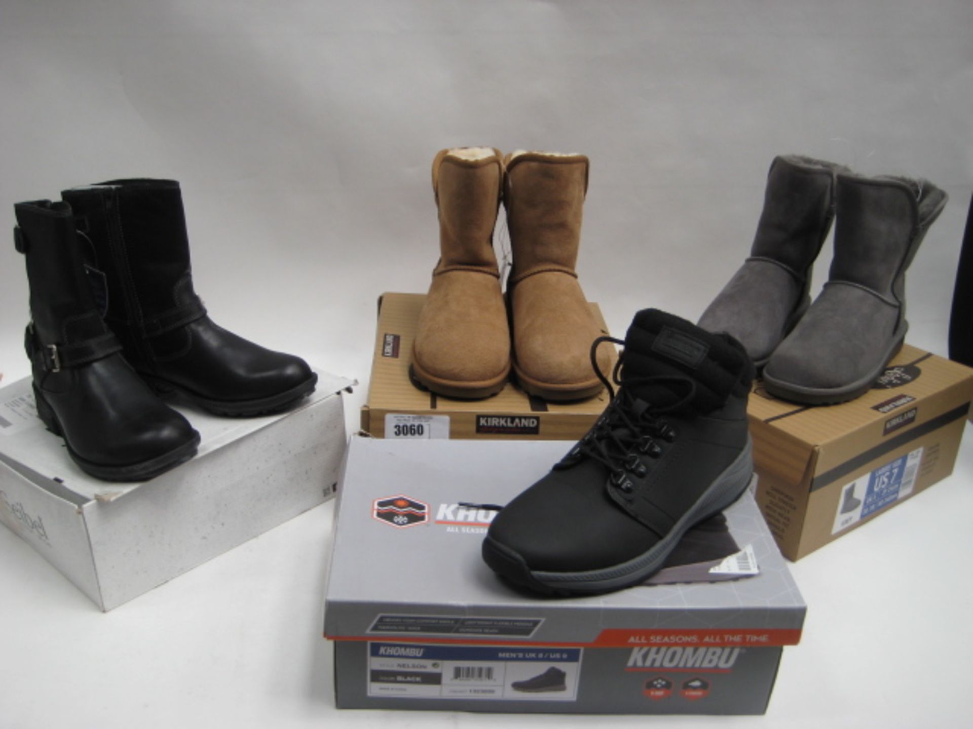 Boxed pair of Khombu gents boots size 8 together with 2 boxed pair of Kirkland Signature ladies