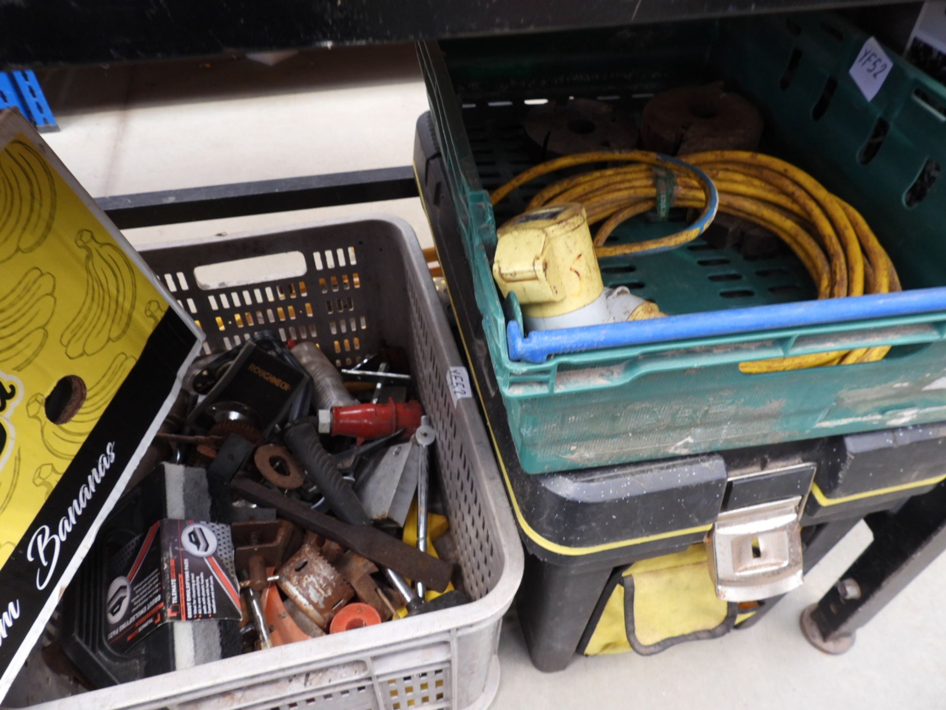 4 boxes of assorted items, including: cable, fixings, work light, tool box etc