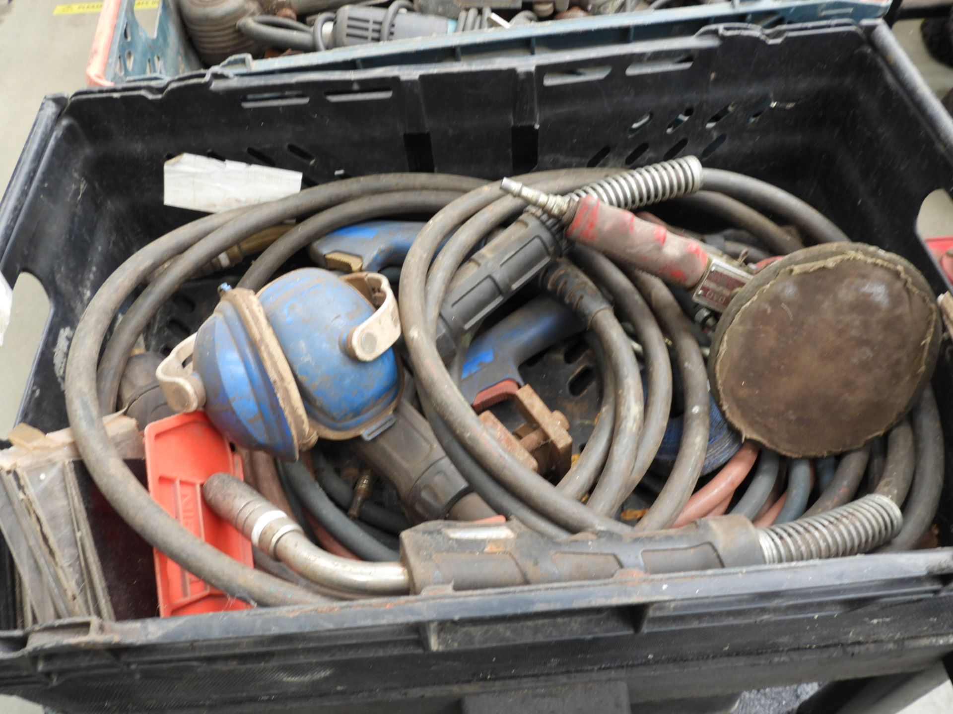 Large plastic trolley containing funnels, fuel cans, air tools, welding helmet, etc - Image 2 of 3