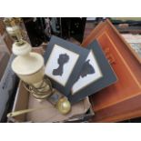 Box containing 2 embroideries, brass ladle, onyx table lamp and a miniature portrait picture