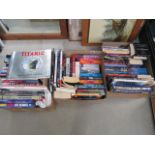 3 boxes containing childrens and adult novels plus Titanic and other reference books